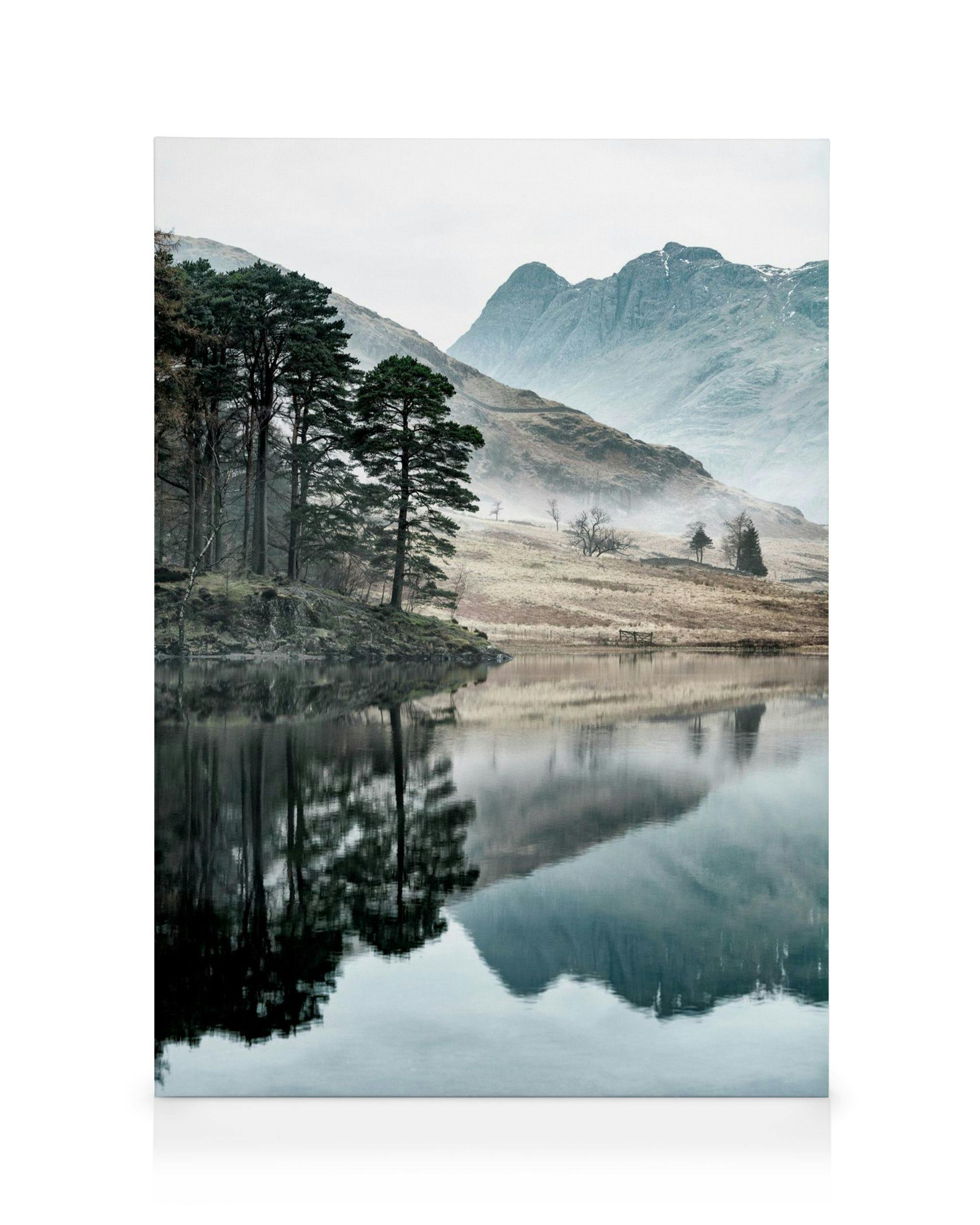 Lake Reflection canvas print featuring serene lake reflecting trees and misty mountains, natural landscape art