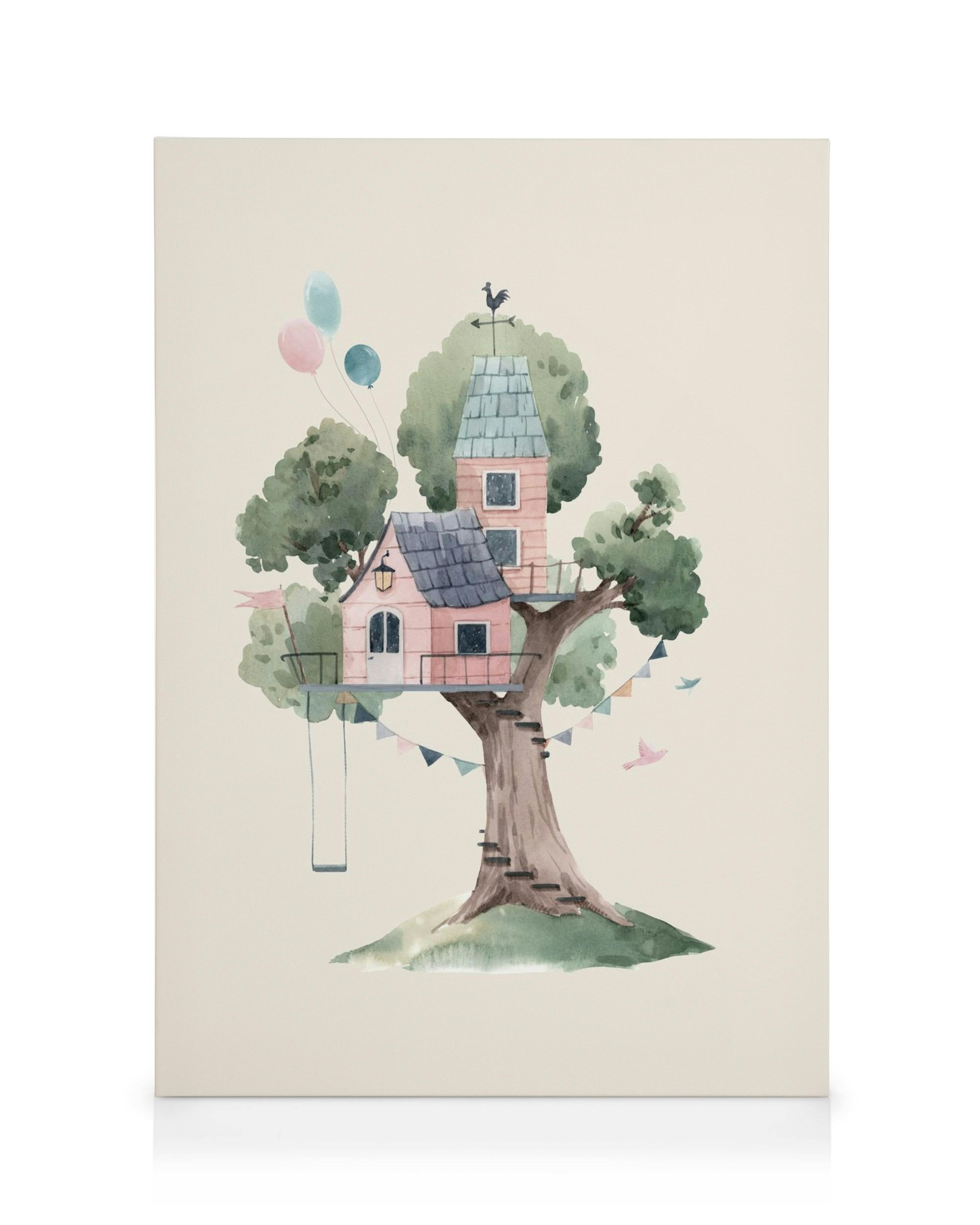 Aquarell-Leinwandbild mit einem fröhlichen Baumhaus, das von Ballons und bunten Wimpelketten umgeben ist