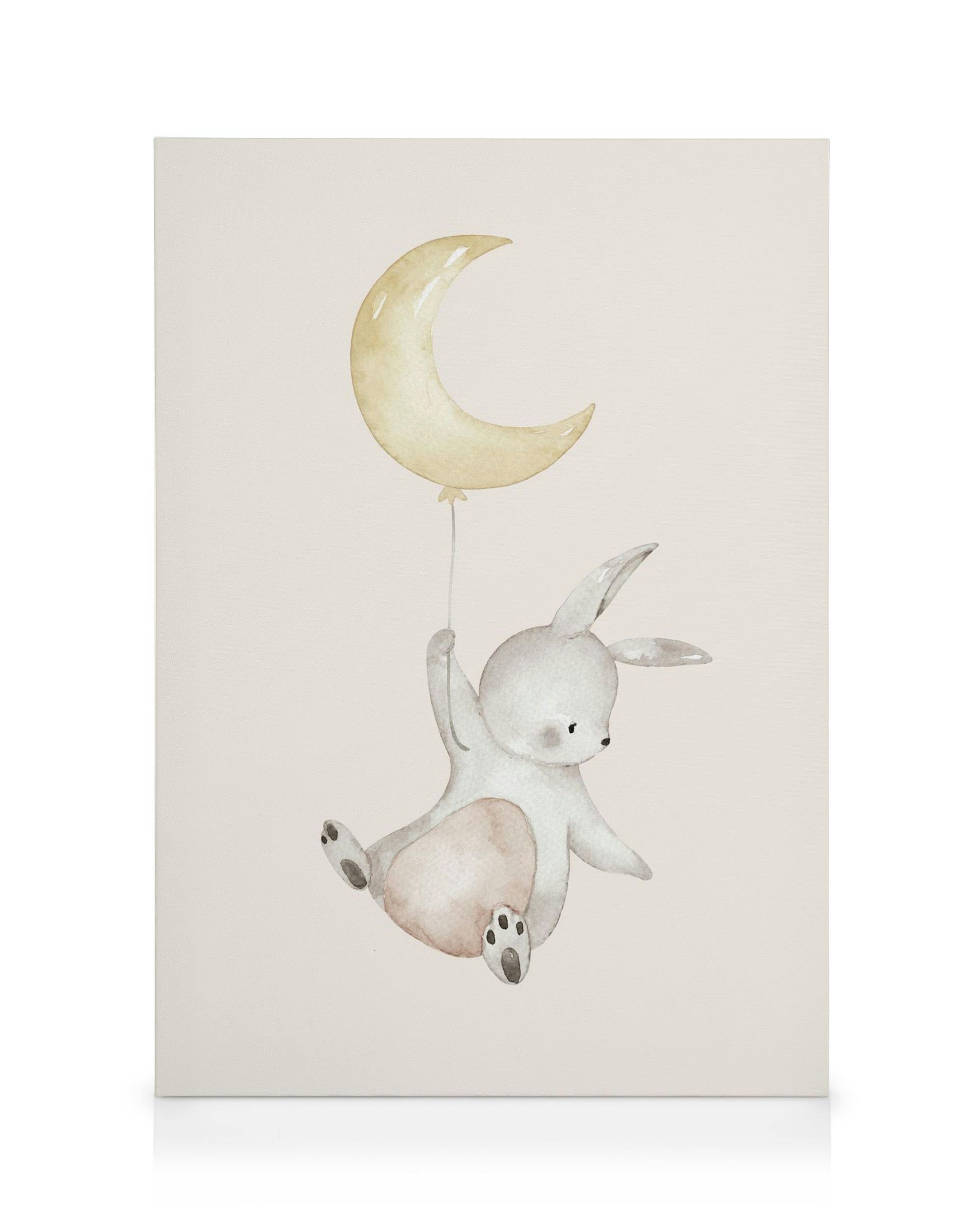 Toile lapin mignon gris suspendu à un ballon lune sur fond rose clair