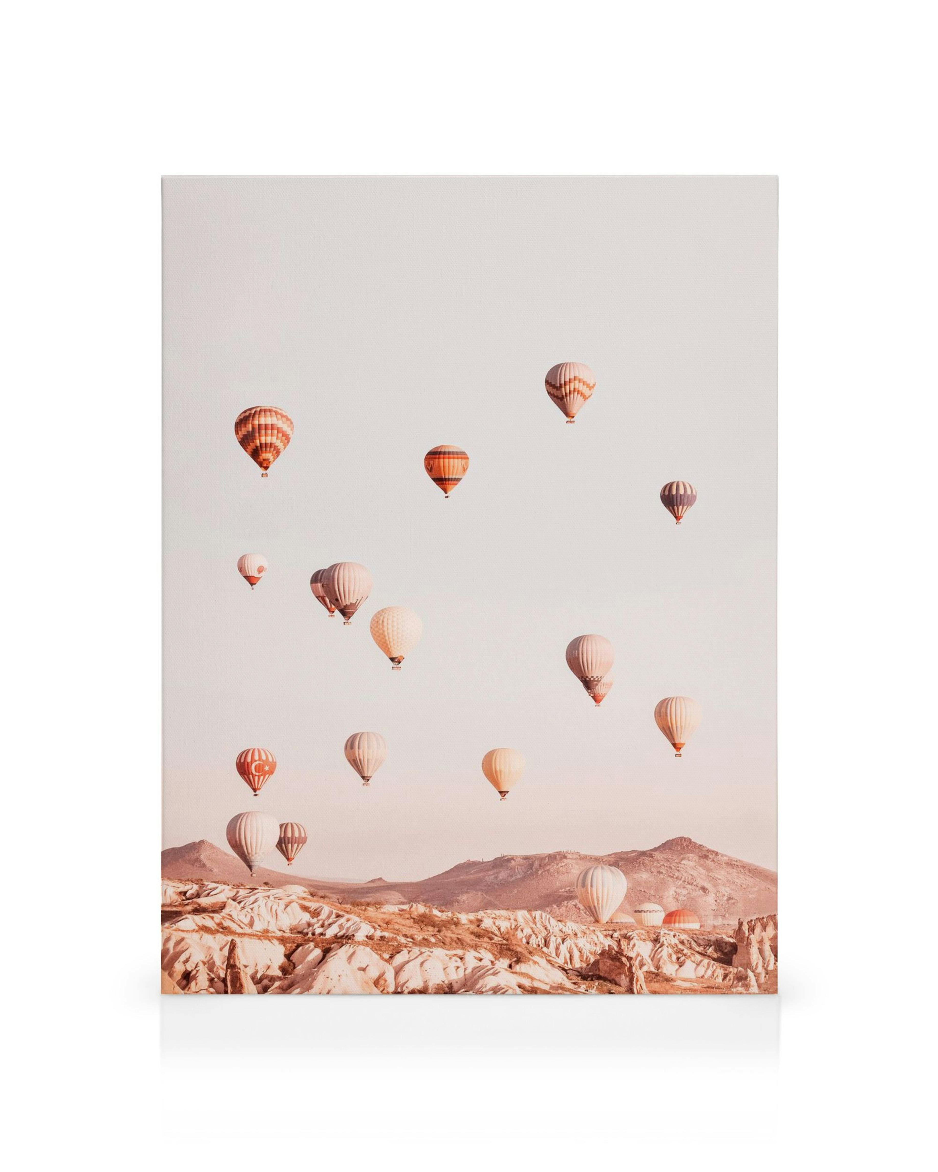 Hot air balloons in various shades of orange, red, and beige float in a pale sky above a landscape of beige rocky hills.