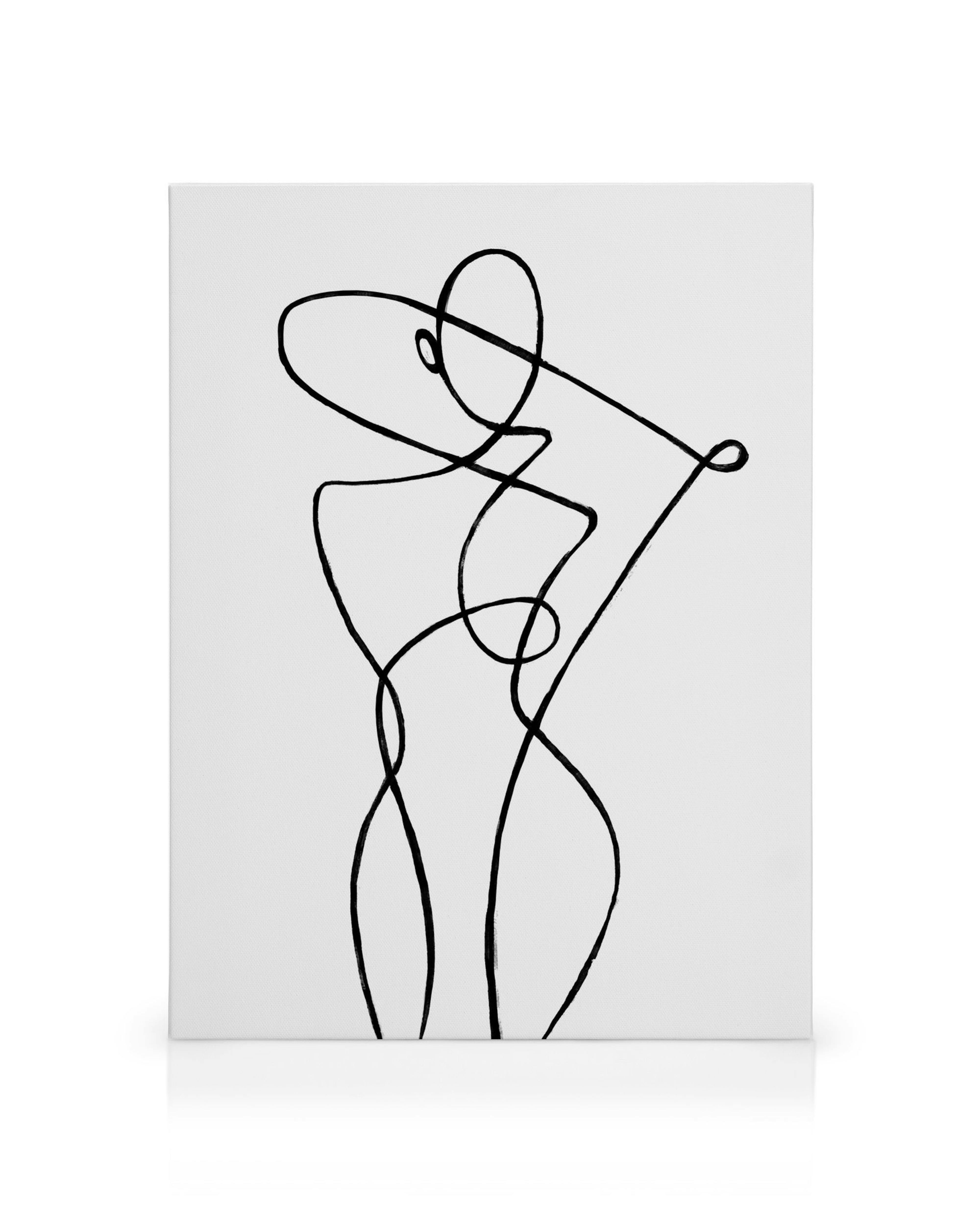 Canvastavla med slingrande svarta linjer som bildar en abstrakt figur på vit bakgrund, minimalistisk väggkonst.