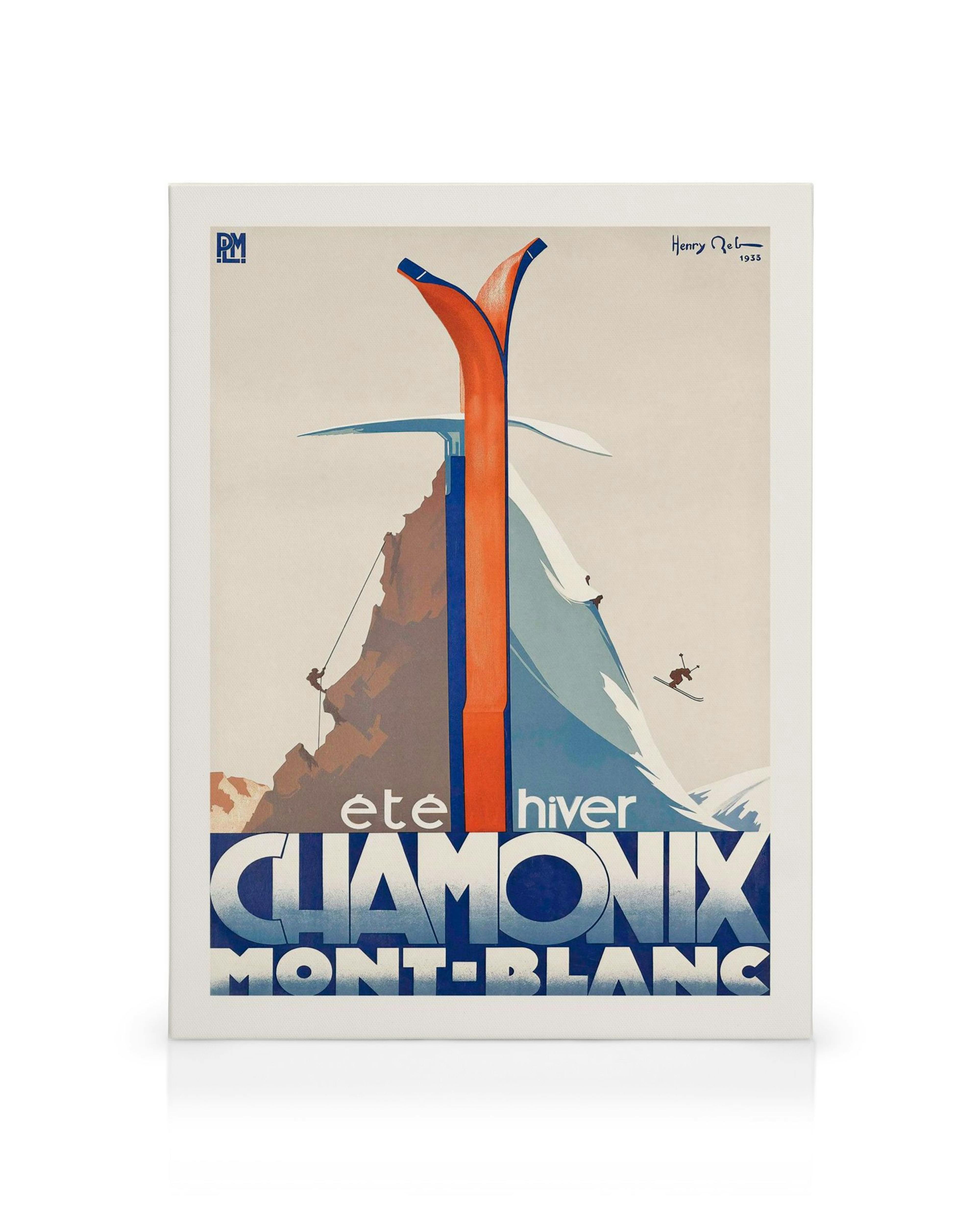 Toile vintage Chamonix Mont-Blanc avec skieurs, alpinistes et skis orange vif, signée Henry Reb 1935.