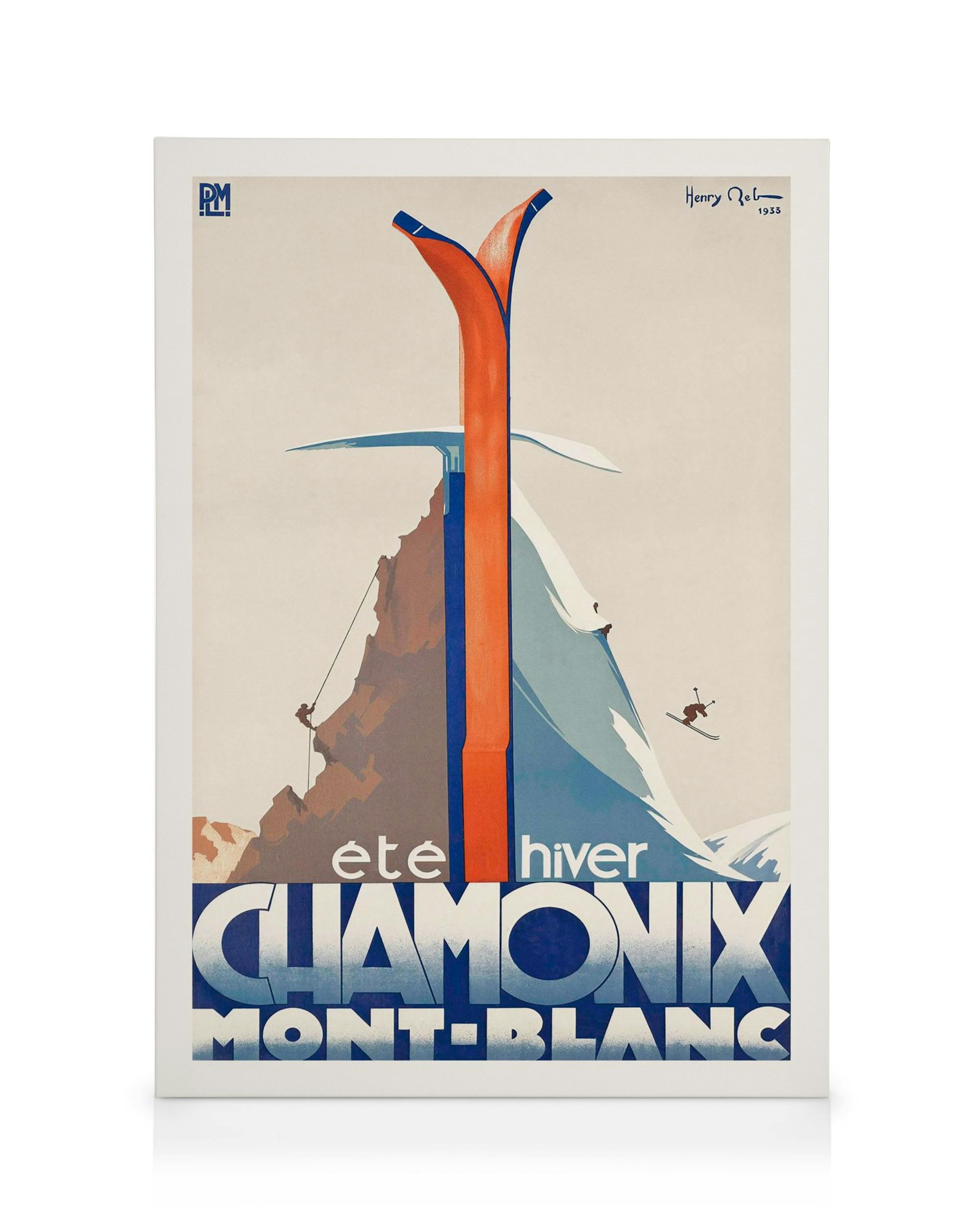 En canvastavla med en vintage resepaffisch för Chamonix, med skidor, berg och åkare i blått och orange.