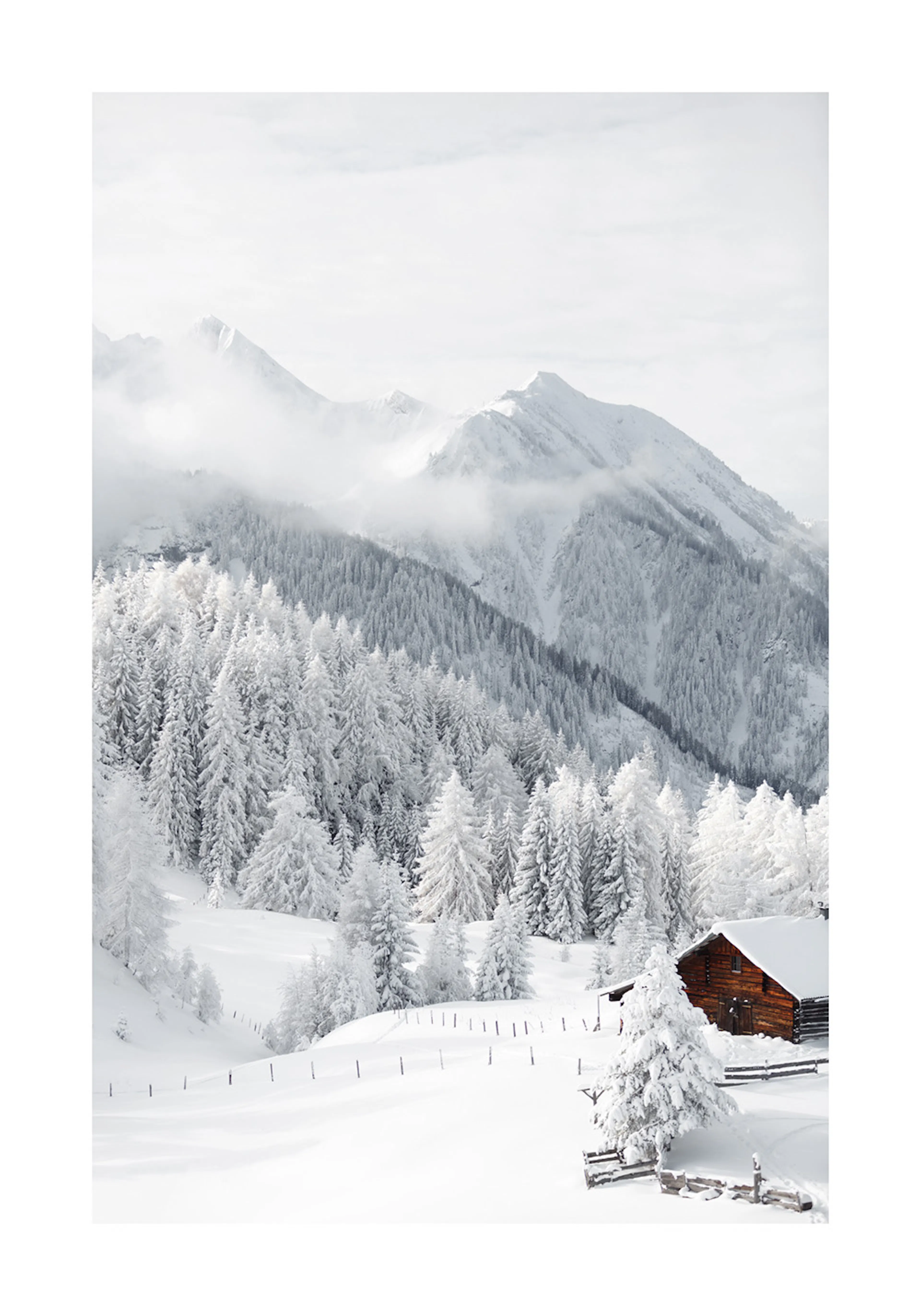 Snowy landscape poster with a brown cottage, snow-covered trees, and distant mountains under a white sky.