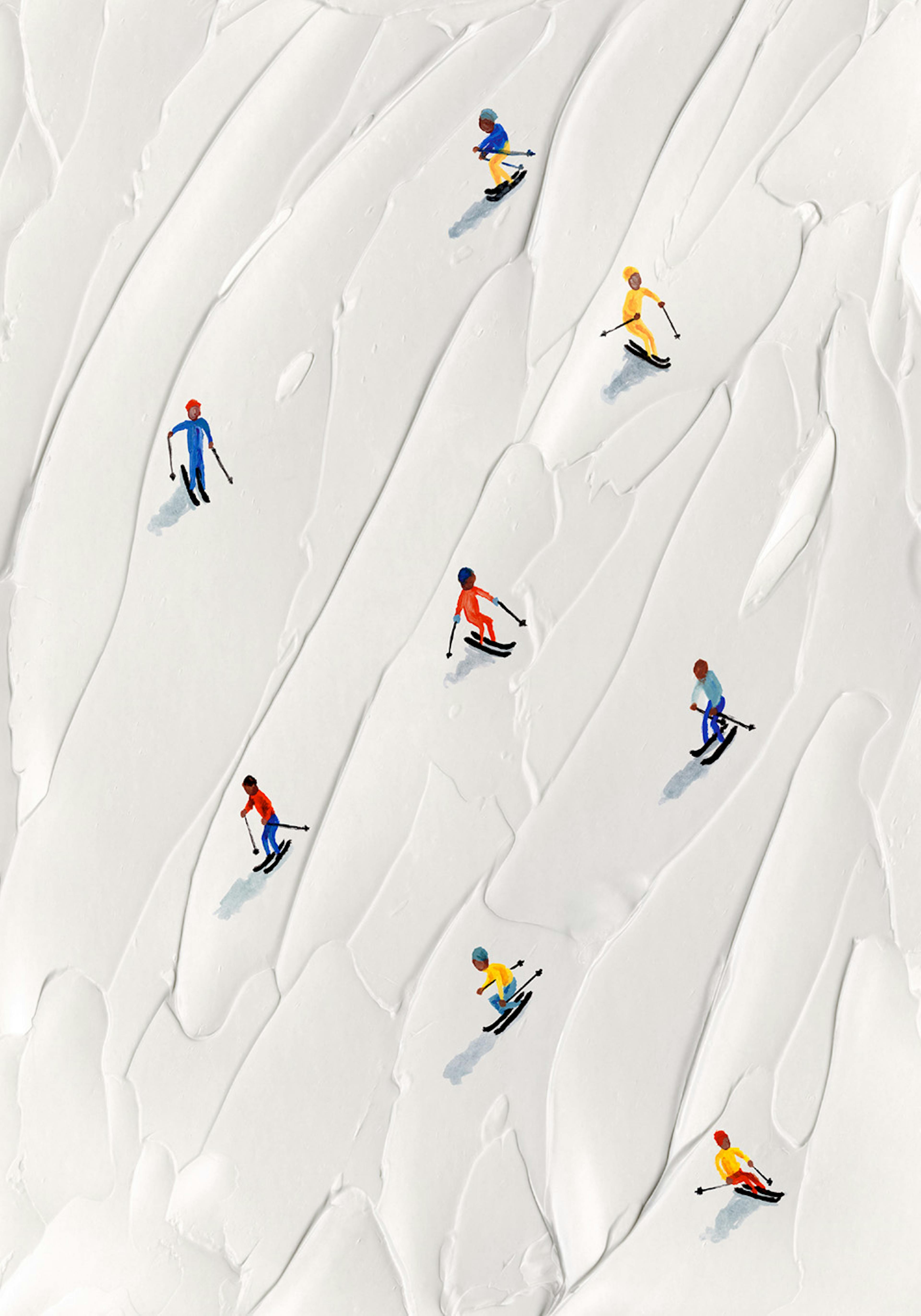 Otto sciatori colorati su una pista bianca con effetto 3D, design gioioso per appassionati di sport invernali.