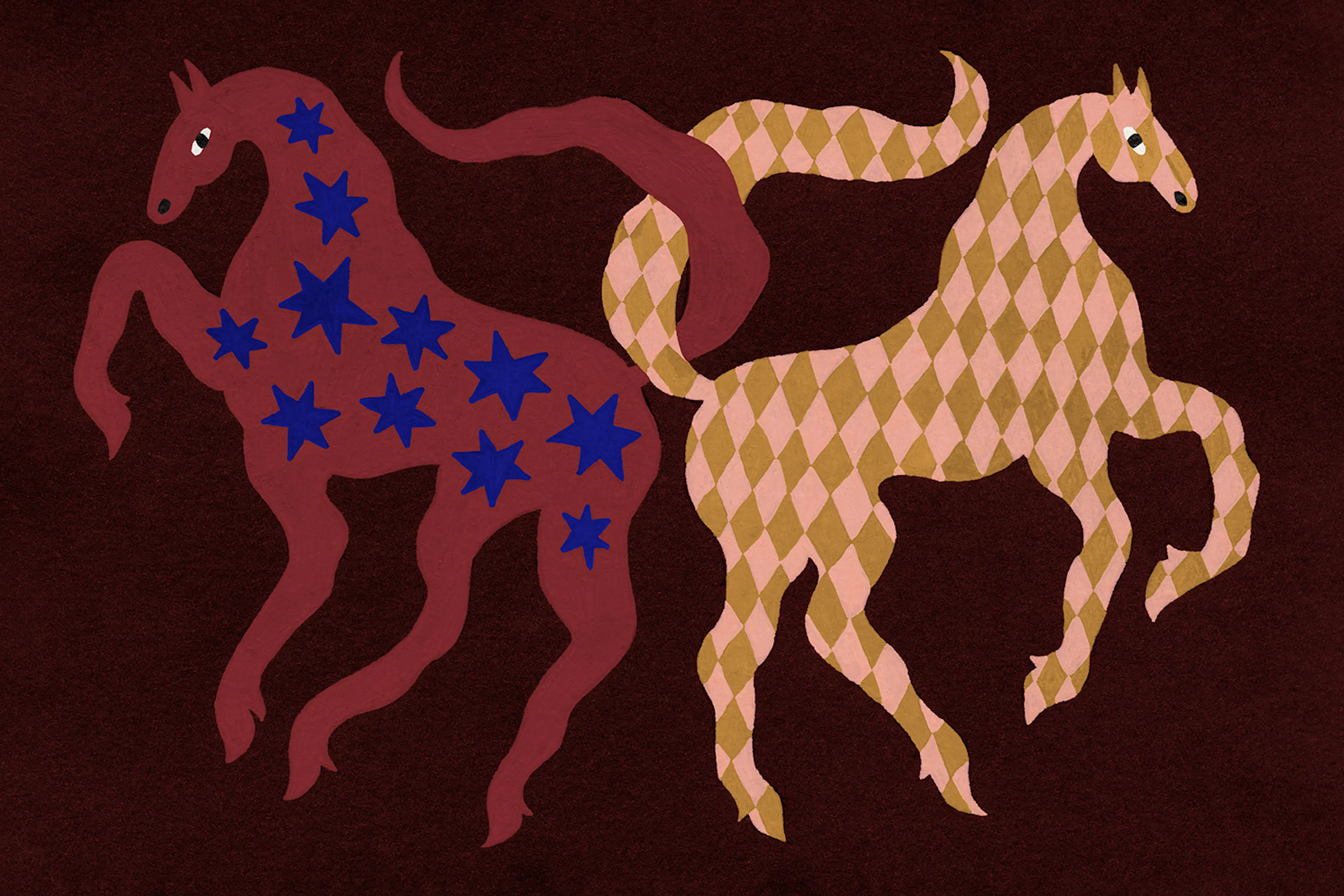 Not Our First Rodeo, Poster de Cavalos Estilizados em Fundo Castanho Escuro