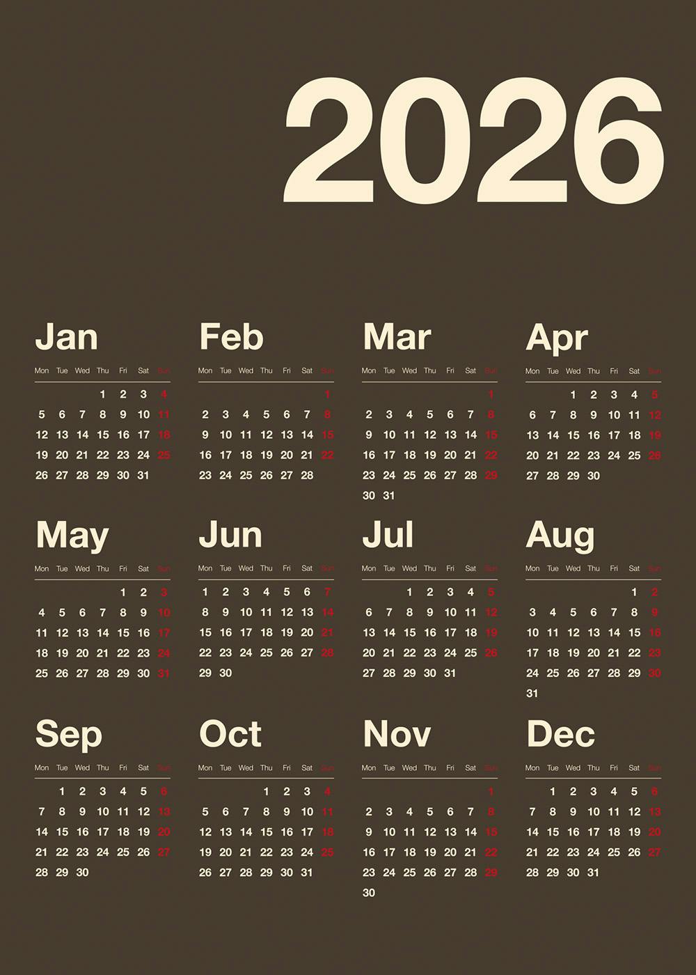 Brown Calendar 2026 Poster 0