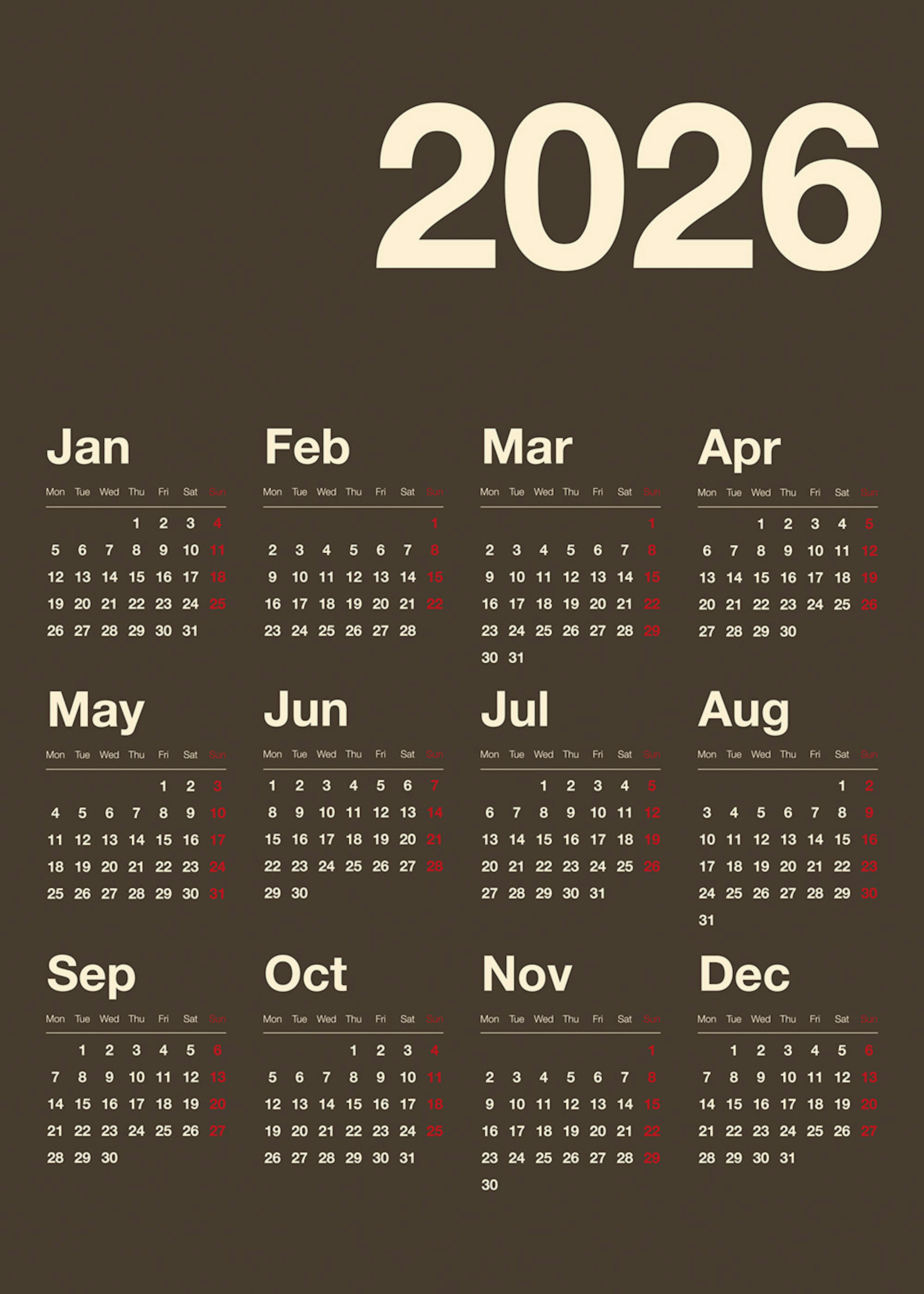 Brown Calendar 2026 Poster 0