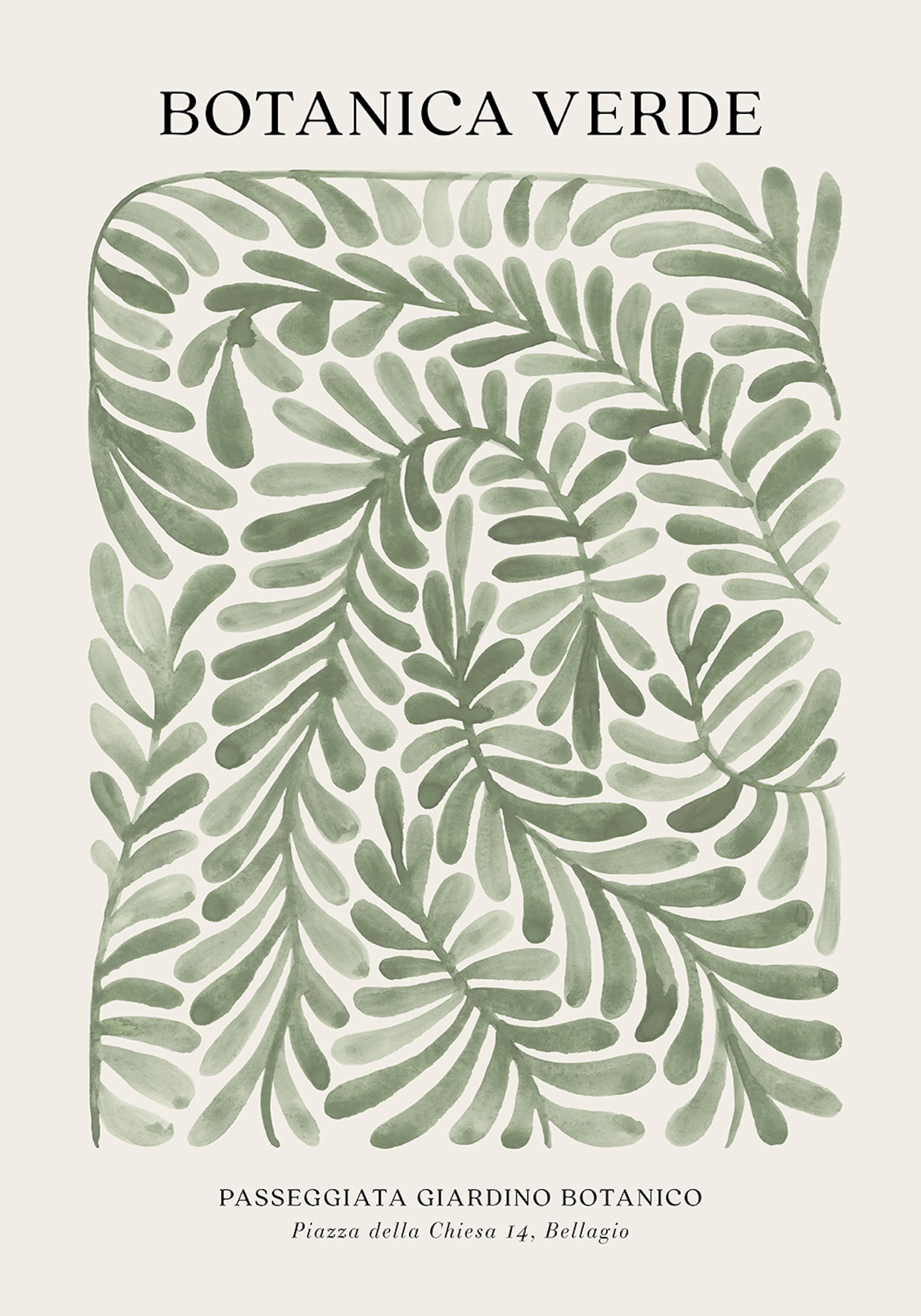 Botanica Verde botanical print poster with green leaf pattern on a light background. Features BOTANICA VERDE text.