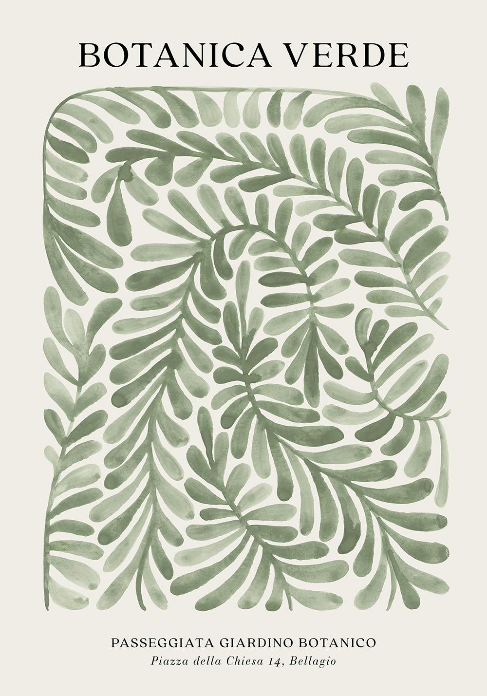 Botanica Verde print, green botanical illustration with stylized leaves on a light background, natural poster art.
