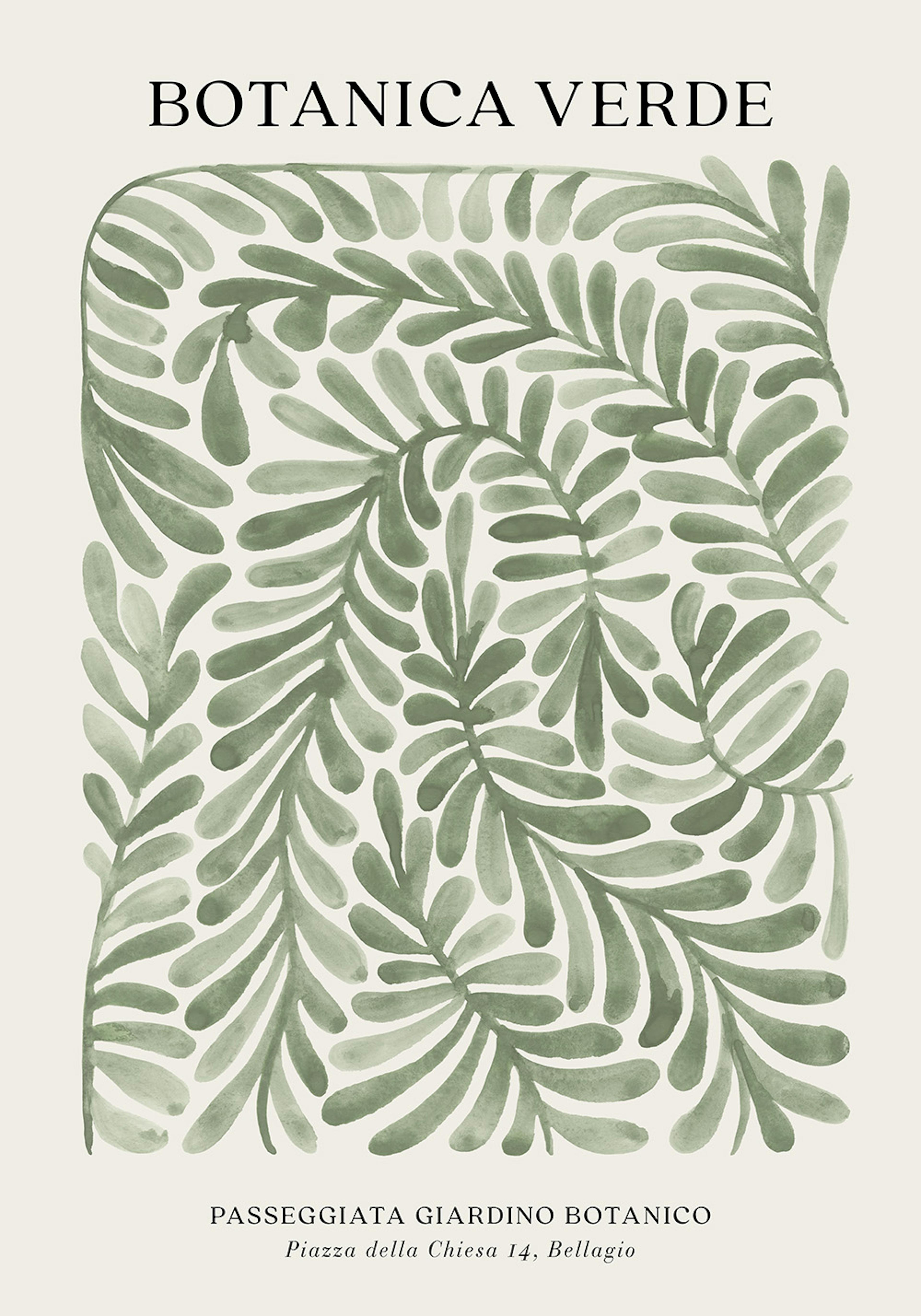 Póster Botánica Verde con patrón de hojas verdes estilo acuarela sobre fondo claro.