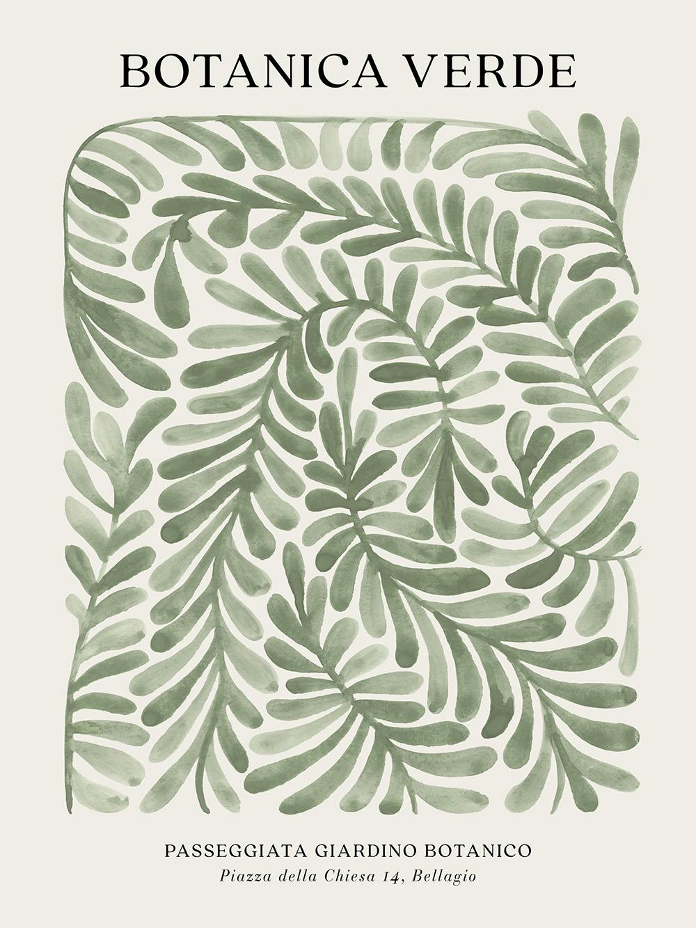 Botanisches Poster mit grünen Blättern in Aquarell-Optik, die ein dichtes Muster auf beigem Hintergrund bilden. Text: Botanica V