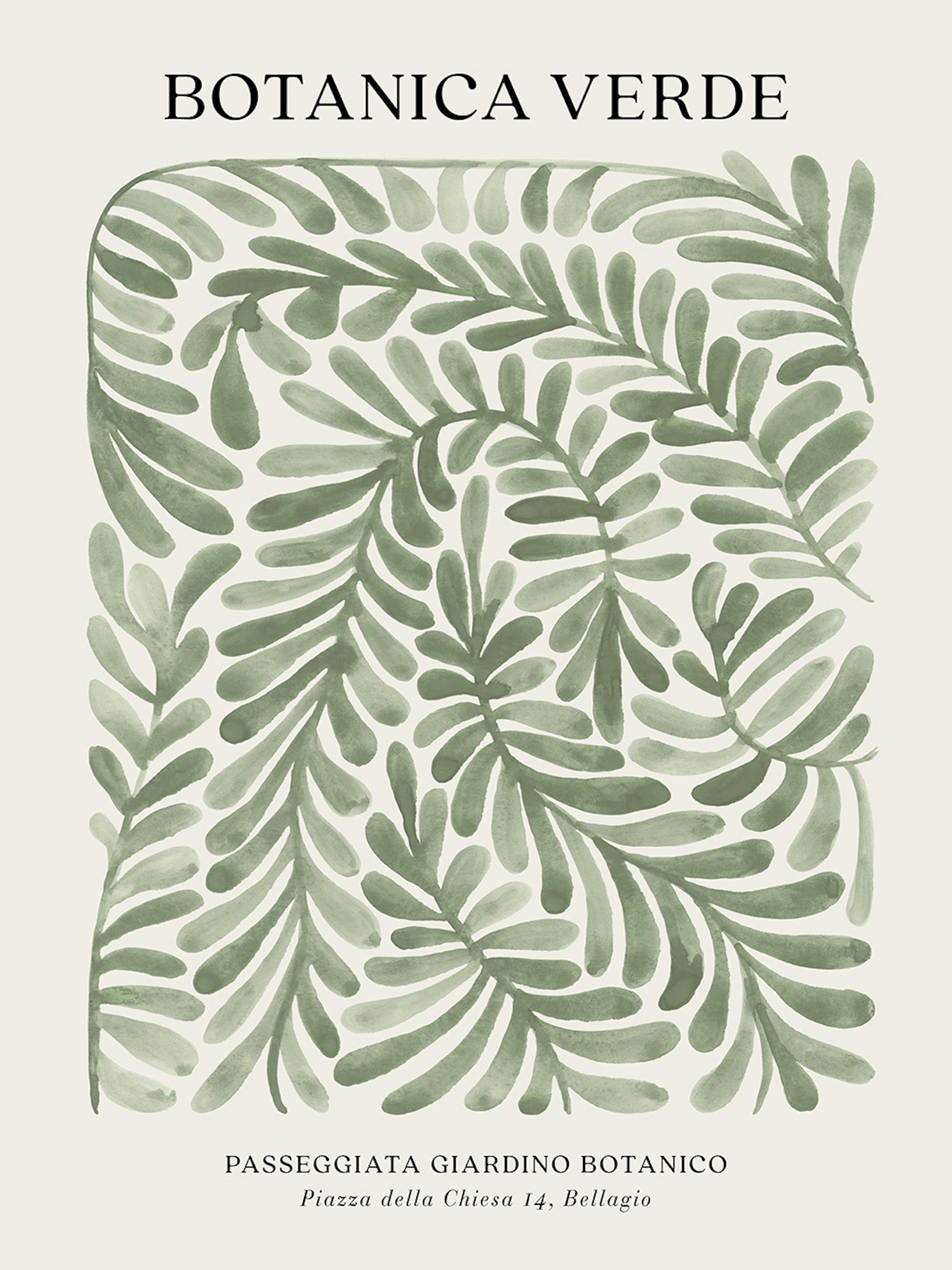 Póster Botánica Verde con patrón de hojas verdes estilo acuarela sobre fondo claro.
