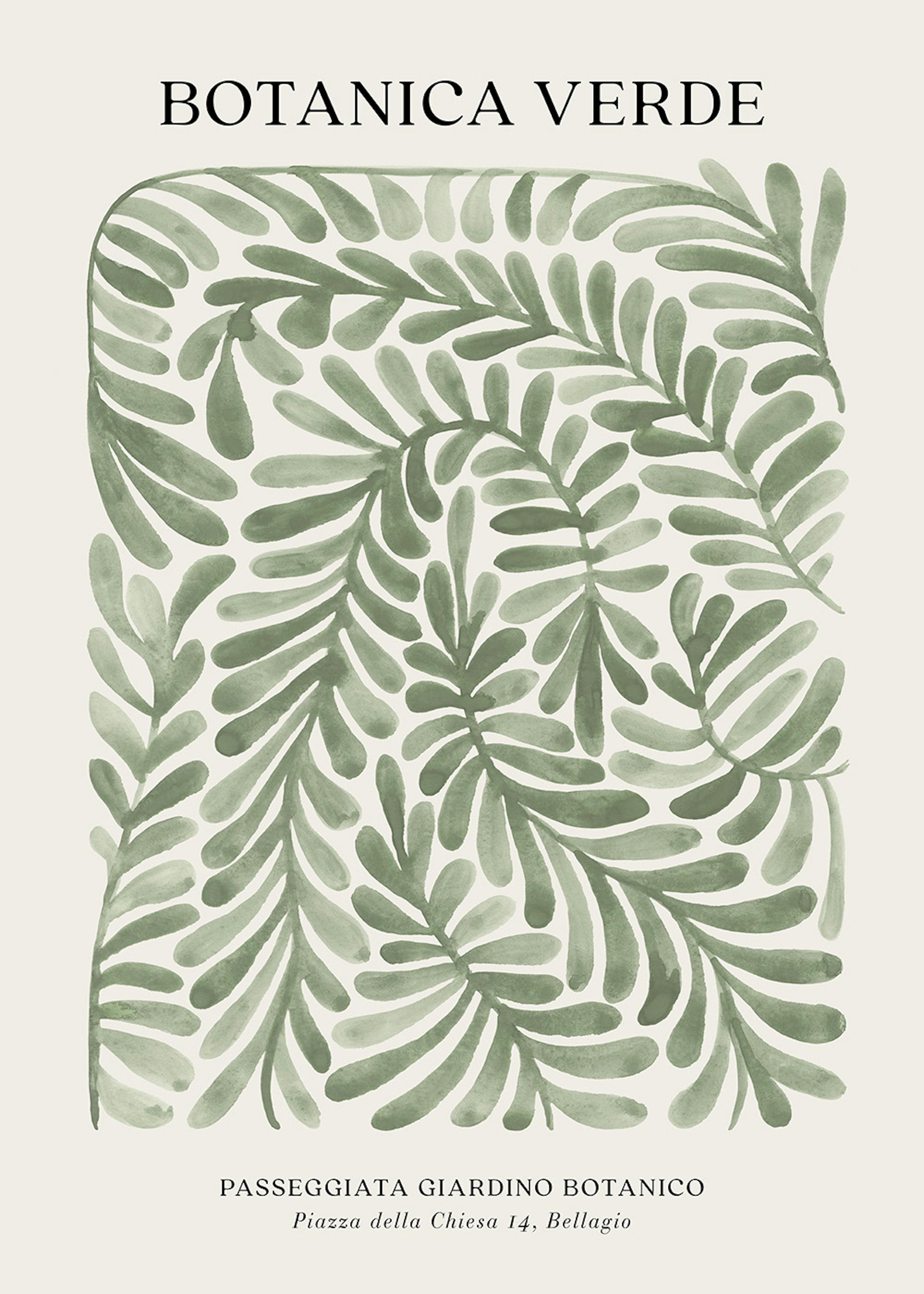 Póster Botánica Verde con patrón de hojas verdes estilo acuarela sobre fondo claro.