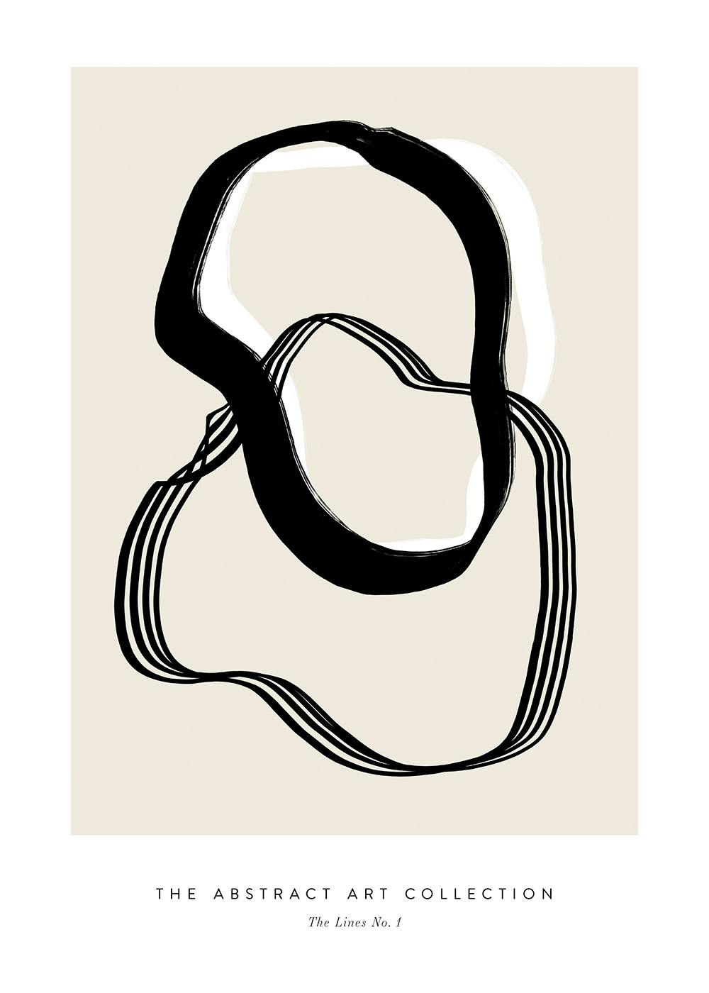 Abstrakt plakat med sorte, hvide og beige penselstrøg, der former flydende sløjfer og linjer, minimalistisk vægkunst.