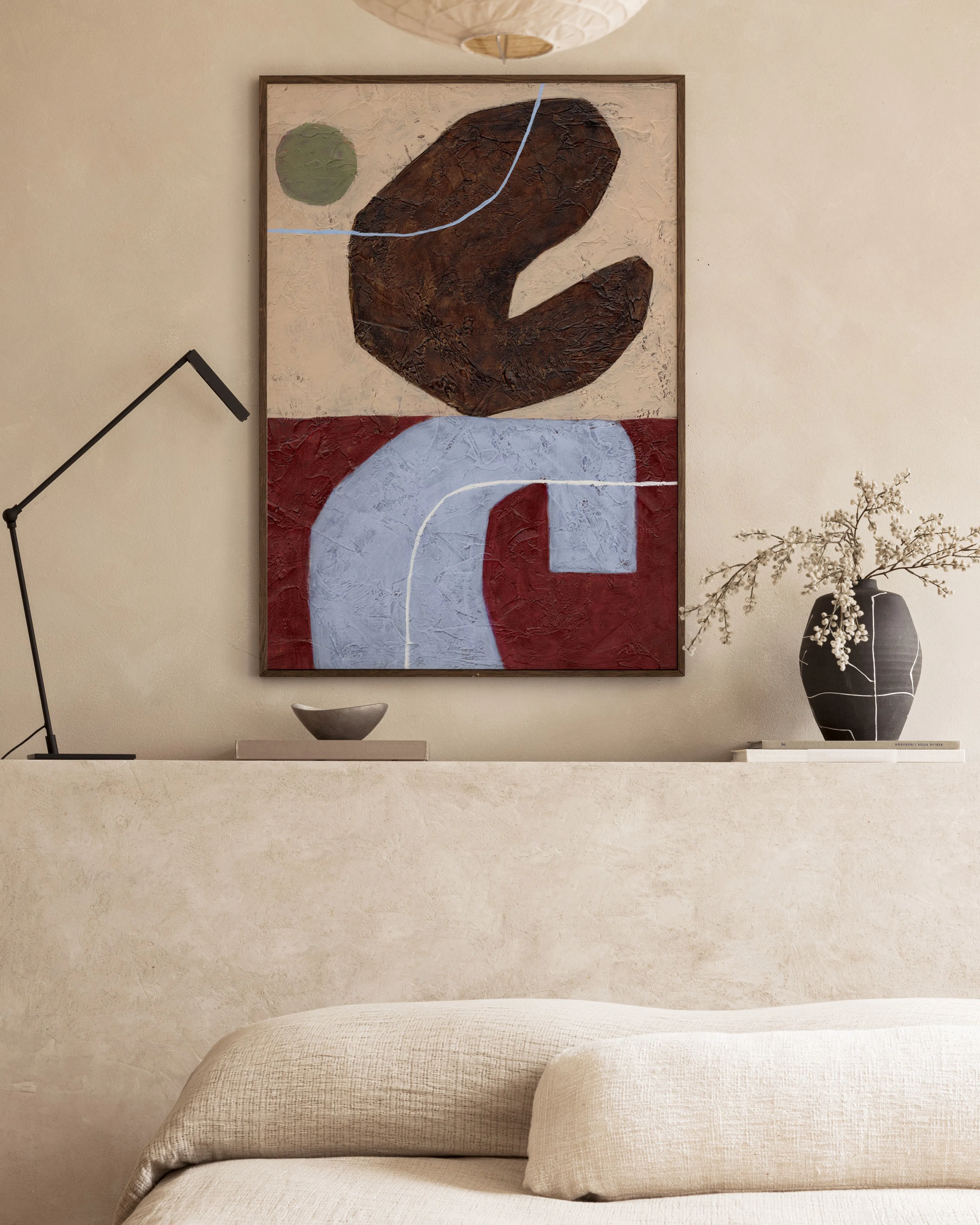 Crossing Lines, Abstrakt Teksturert Veggkunst i Rødt og Beige