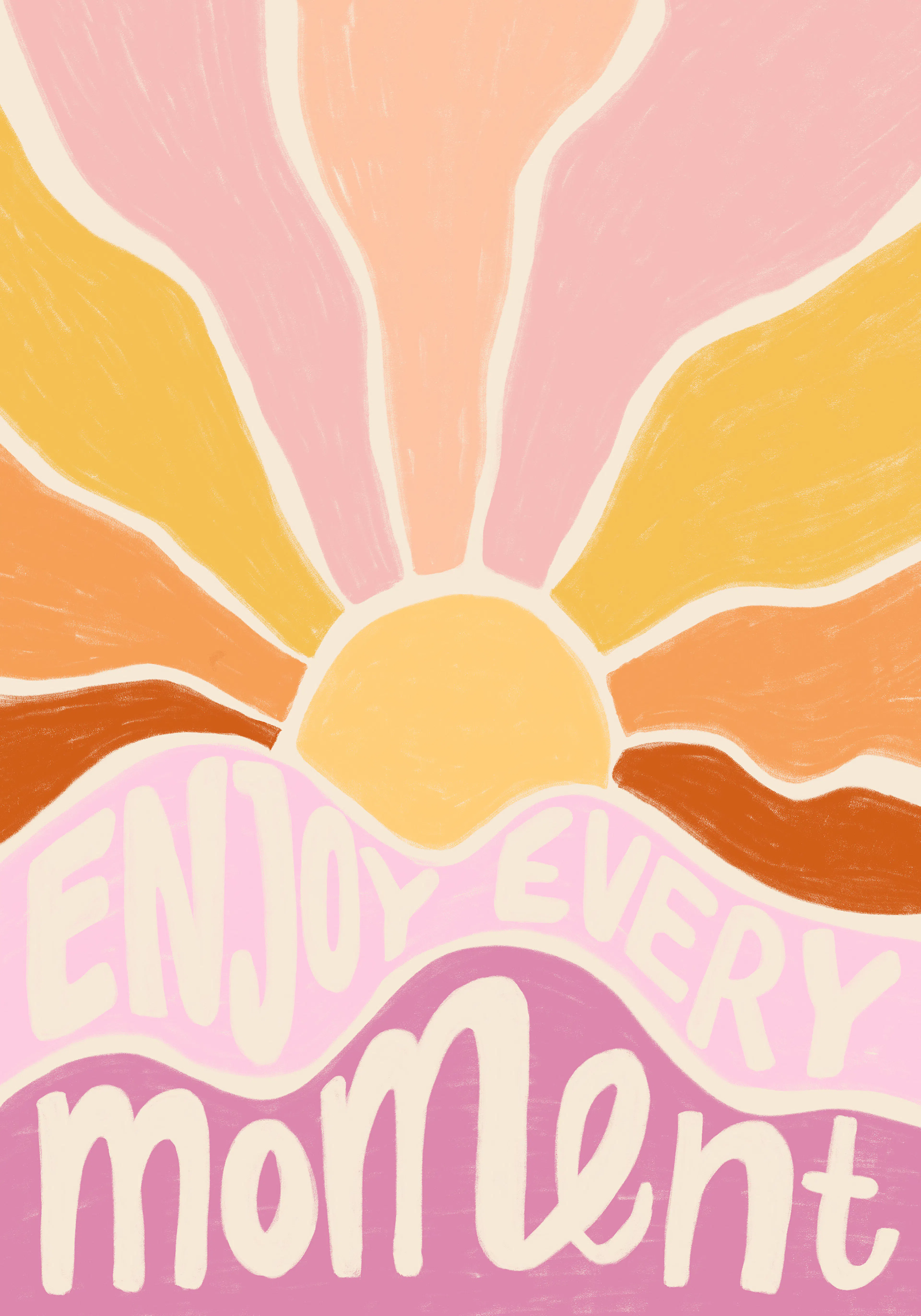 「Enjoy every moment」の白い文字とカラフルな太陽が描かれた、ファンキーでカラフルなテキストポスター