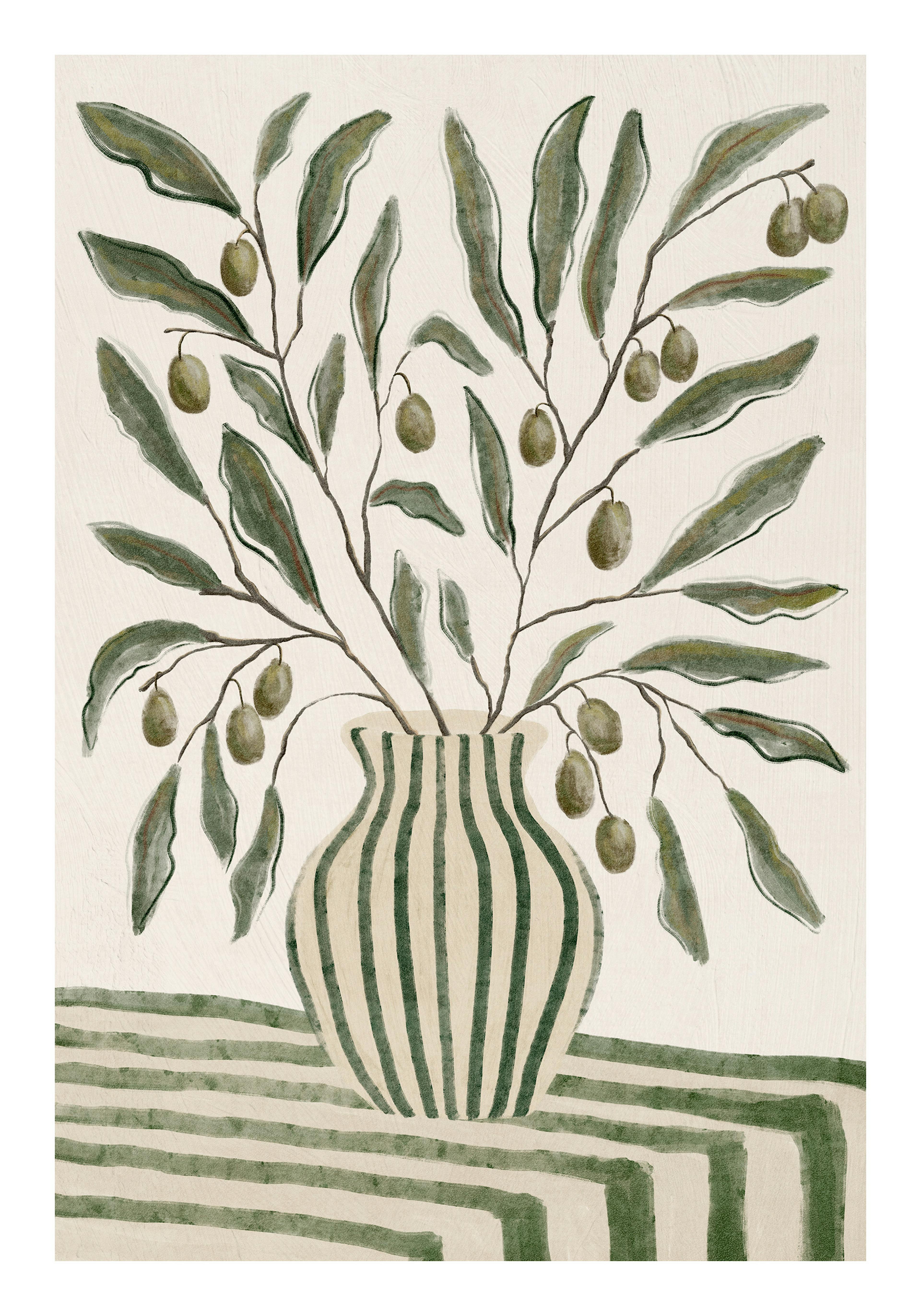Botanic illustration poster of olive branches with olives in a striped vase on a striped surface. Neutral tones.