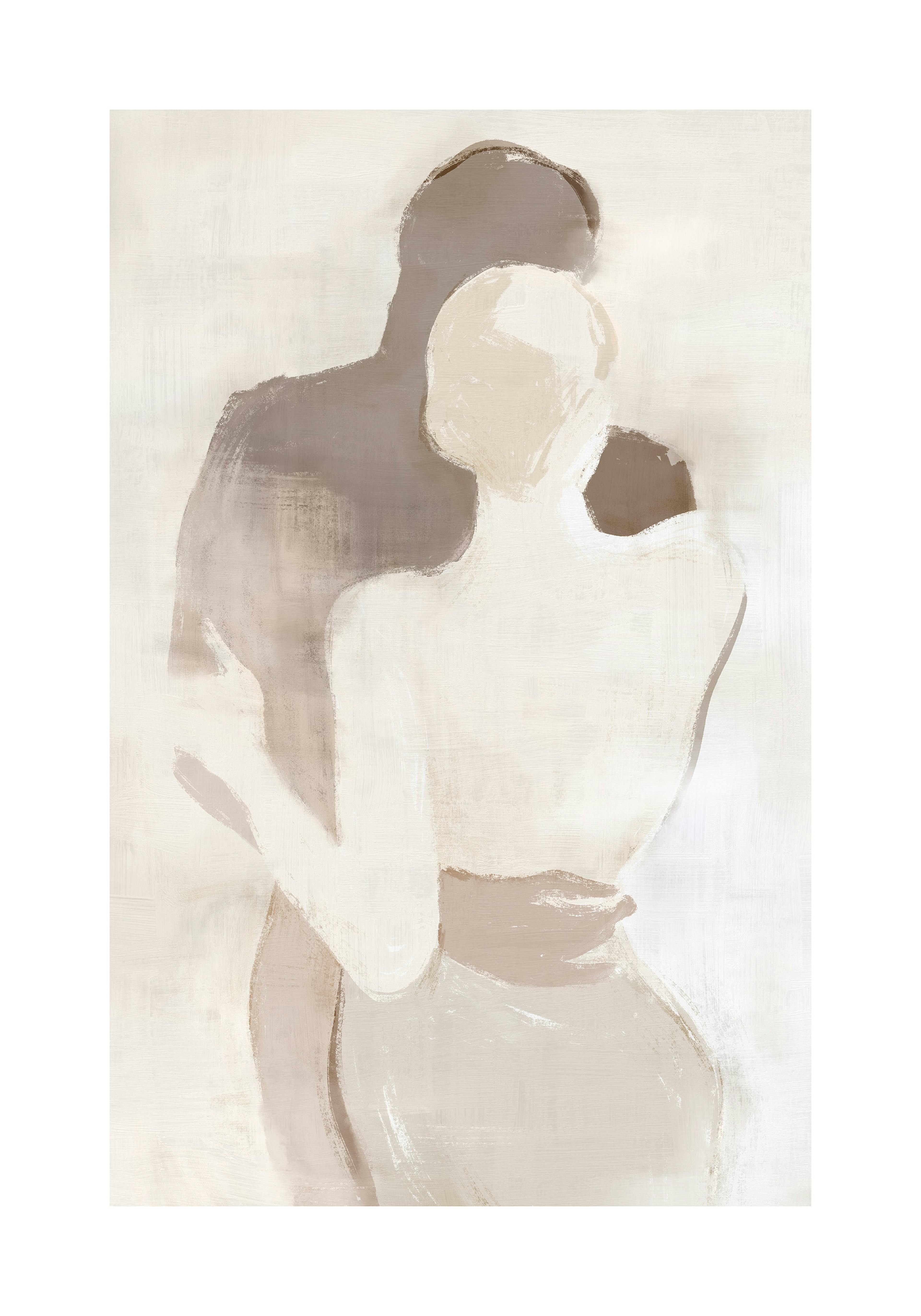 Plakát s ilustrací objímajícího se páru v béžových a bílých tónech, stylizovaný něžným štětcem.