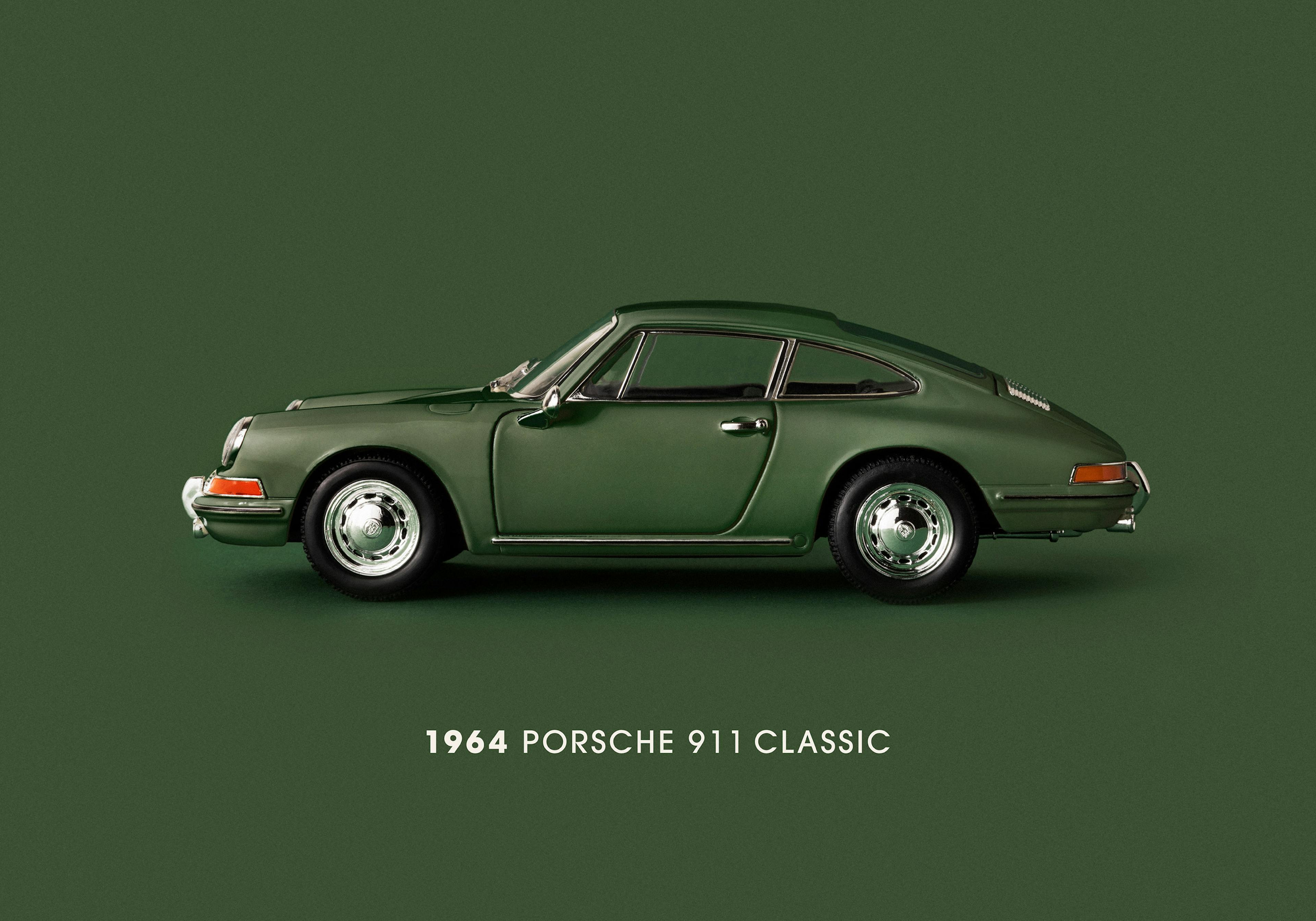 Zelený klasický plakát Porsche 911 z roku 1964, boční pohled.