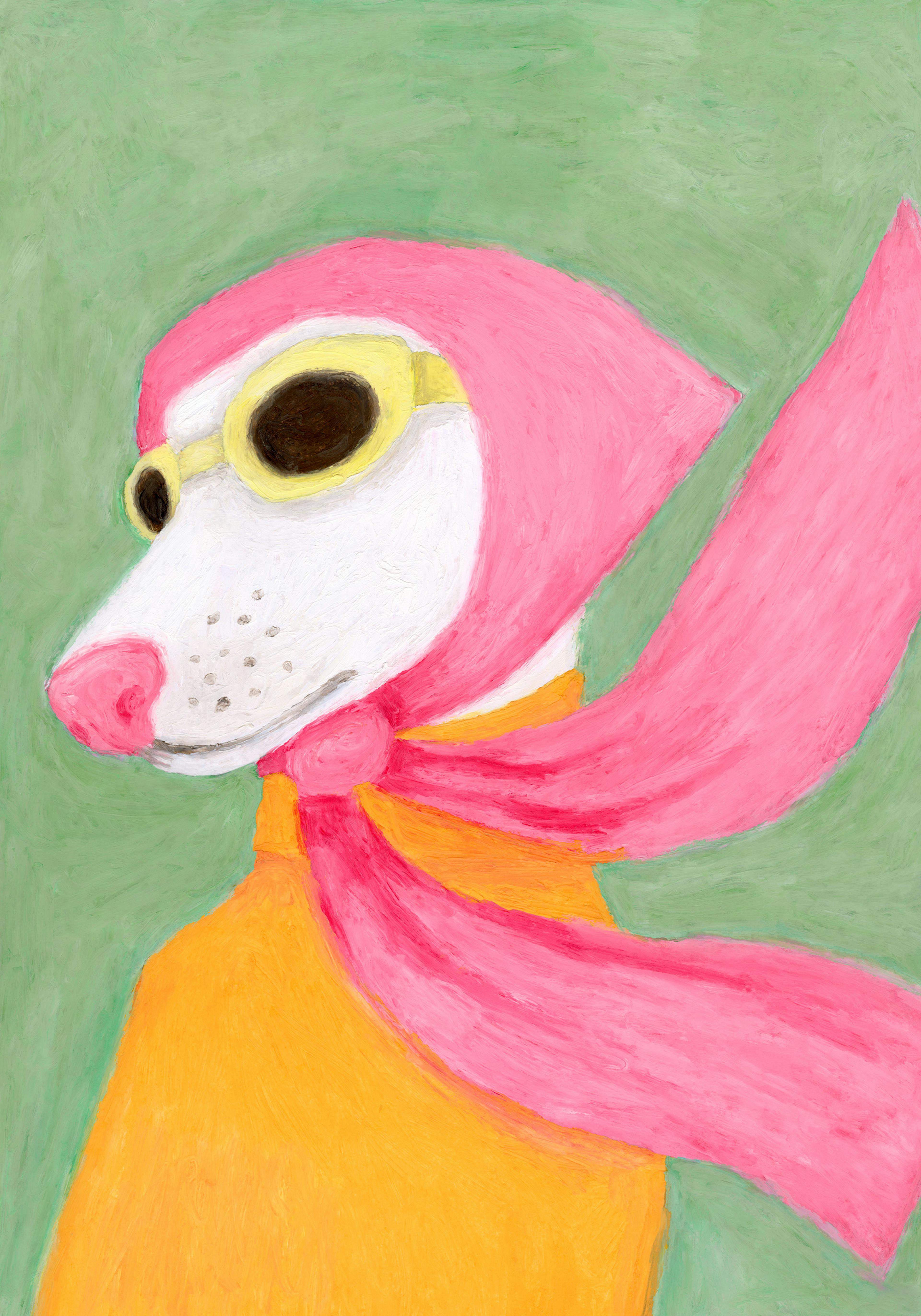 Poster: Ein weißer Hund mit rosa Mütze und Schal sowie gelber Fliegerbrille vor grünem Hintergrund.
