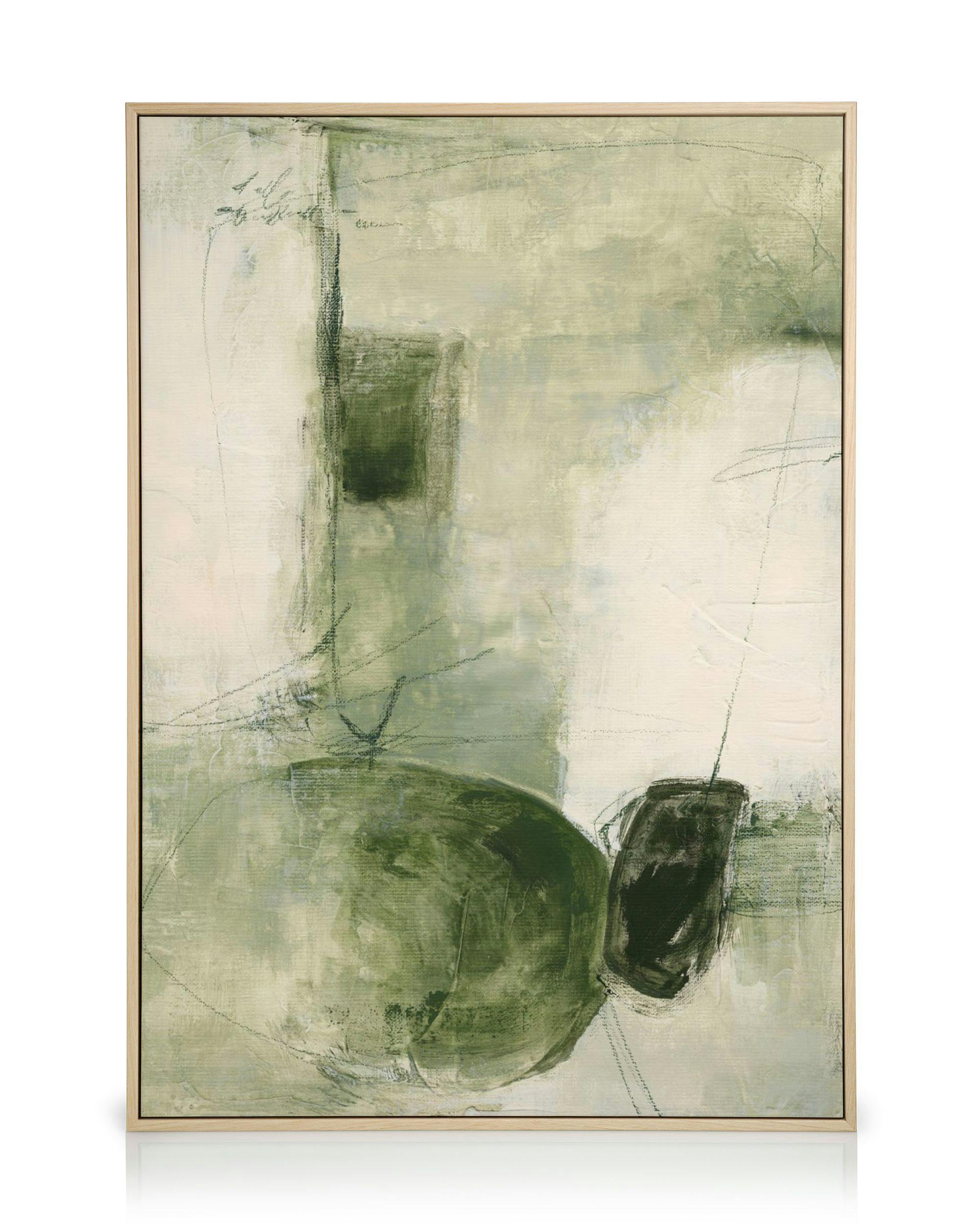 Lienzo abstracto con formas orgánicas en tonos verde oliva, negro y beige, sobre fondo claro.
