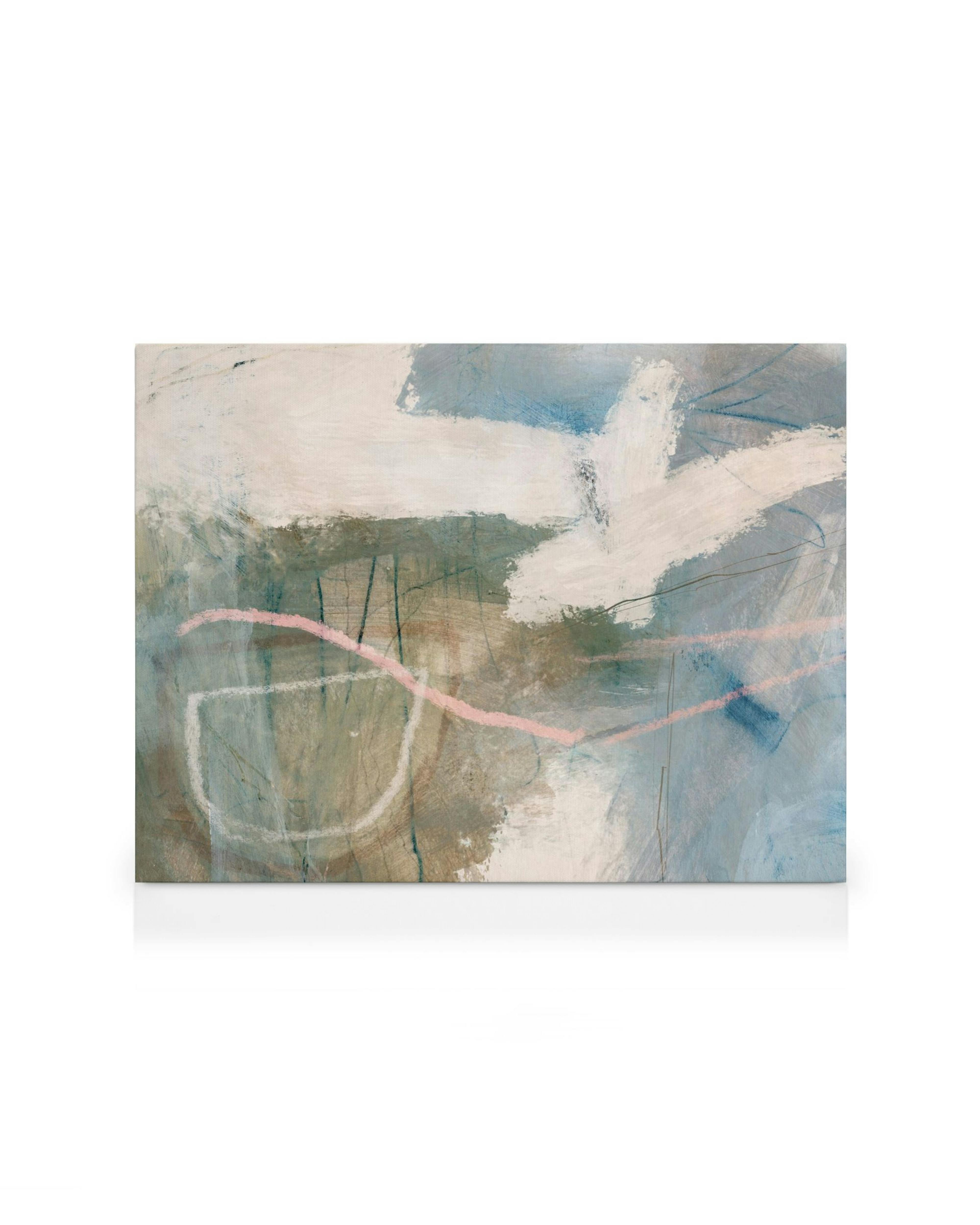 A canvas print featuring abstract art with muted blue, green, and brown tones, accented by white and pink brushstrokes.
