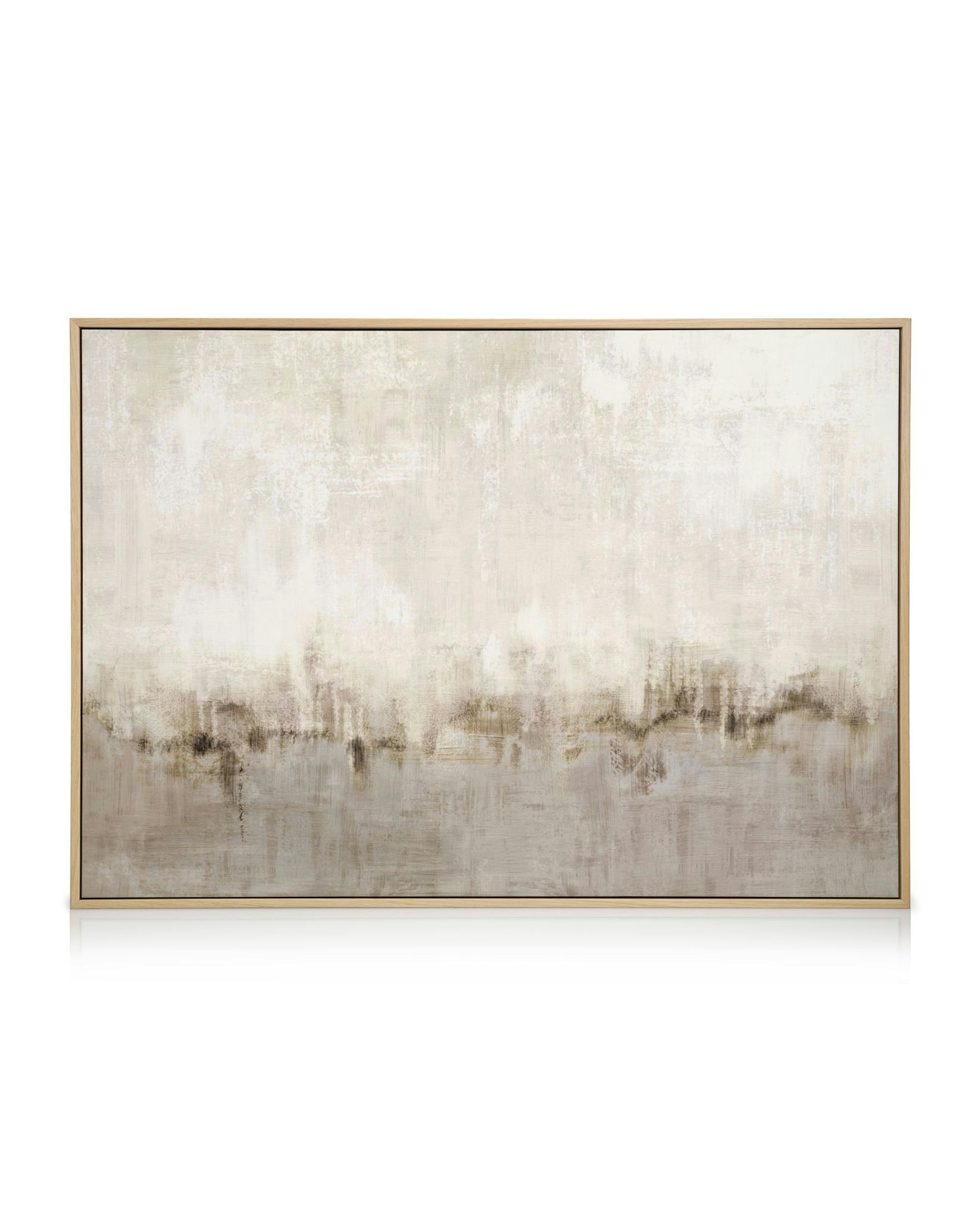 Abstraktes Leinwandbild mit gesprenkelter Struktur in Beige und Braun, moderne Wandkunst.