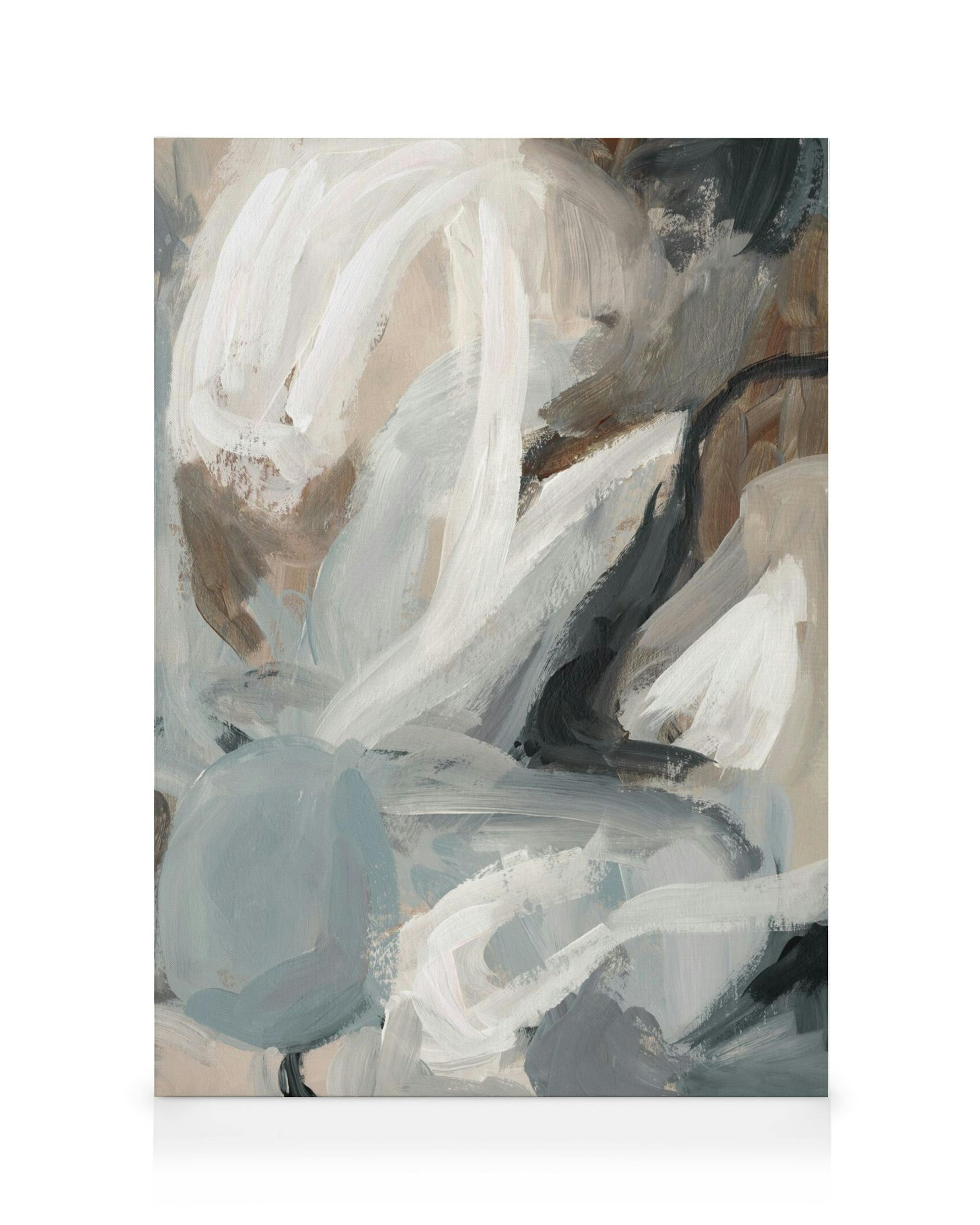 A canvas print featuring gestural brushstrokes in white, beige, light blue, and charcoal gray, creating a dynamic abstract compo
