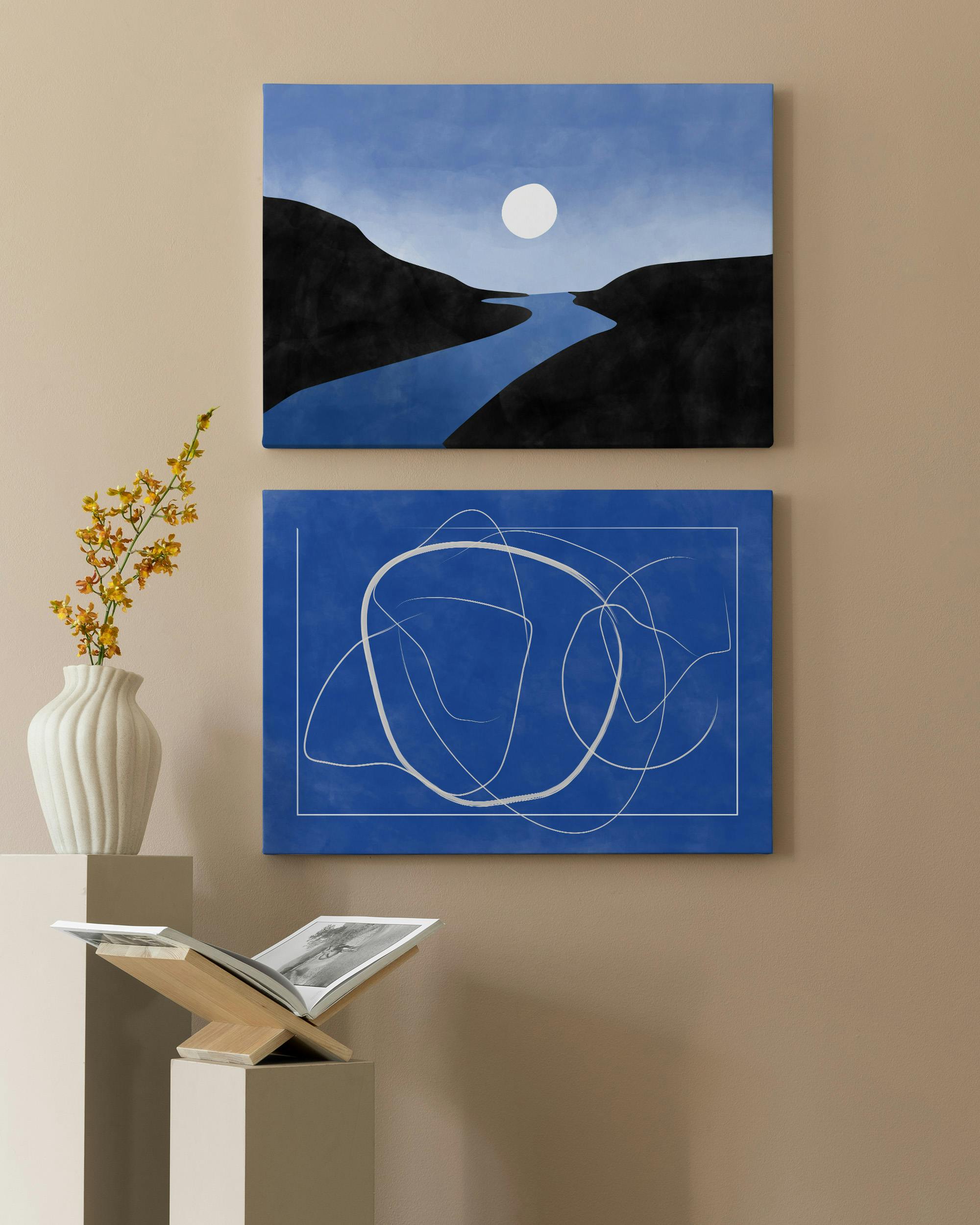 The Print Republic - Abstract Blue Canvas Duo (50x70 cm - Fotolijst Zwart)