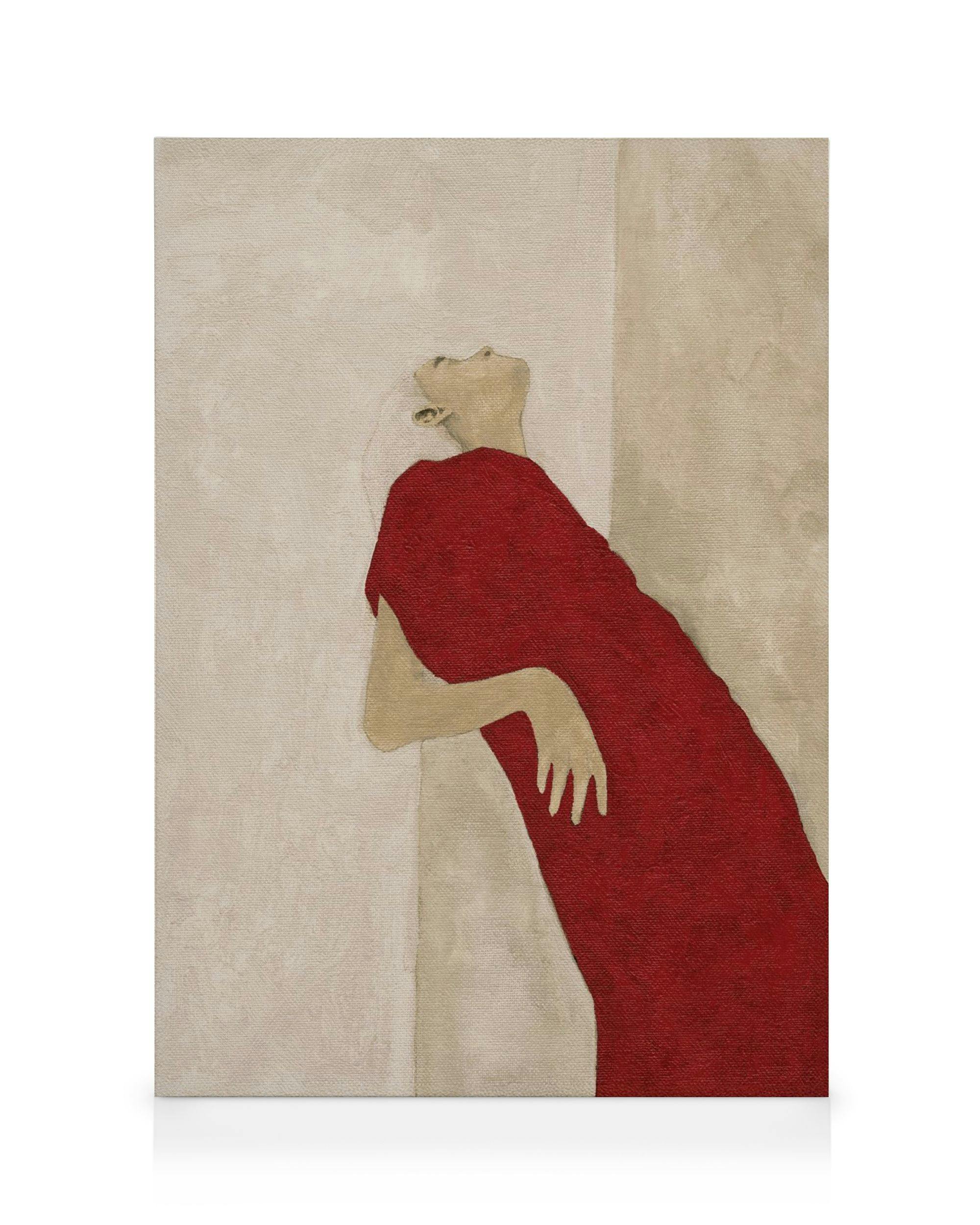 Stampa su tela di una figura femminile stilizzata con abito rosso, sguardo rivolto in alto, su sfondo neutro.