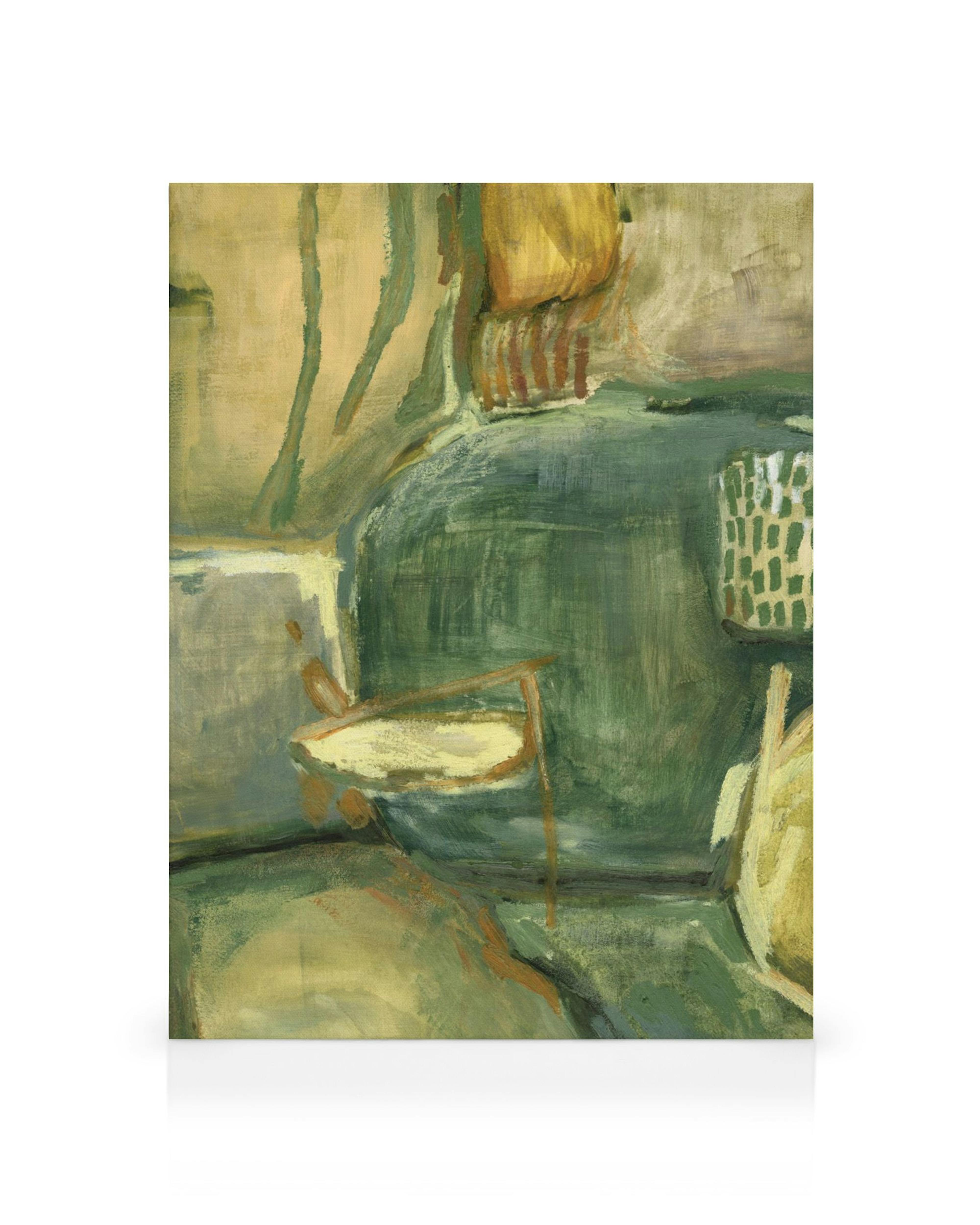 Abstract canvas met organische vormen in groen, geel en beige tinten en een patroon van witte blokken.