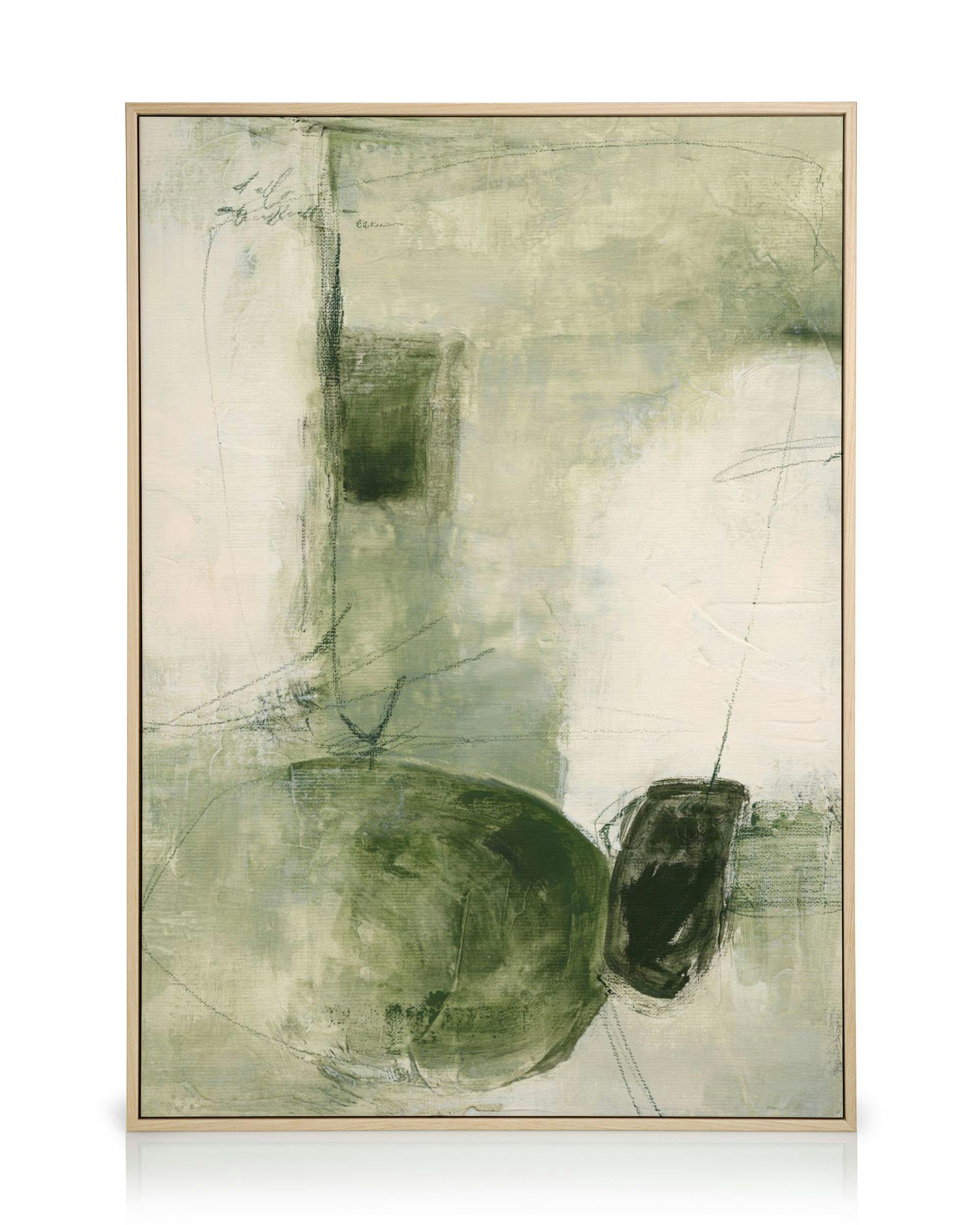 Lienzo abstracto con formas orgánicas en tonos verde oliva, blanco y beige, y líneas finas.