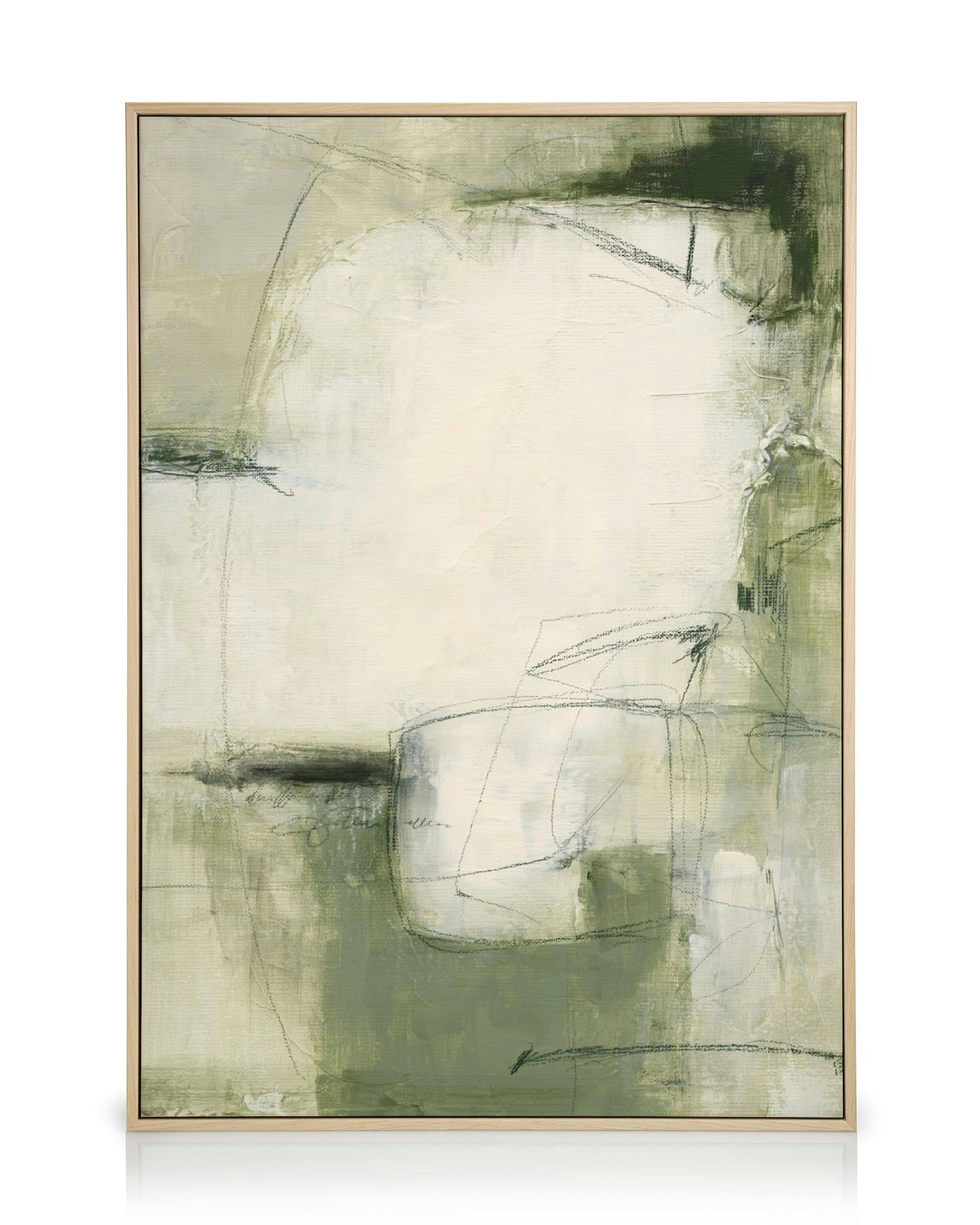 Lienzo abstracto con formas orgánicas en tonos verde oliva y beige claro, con líneas oscuras y garabatos.