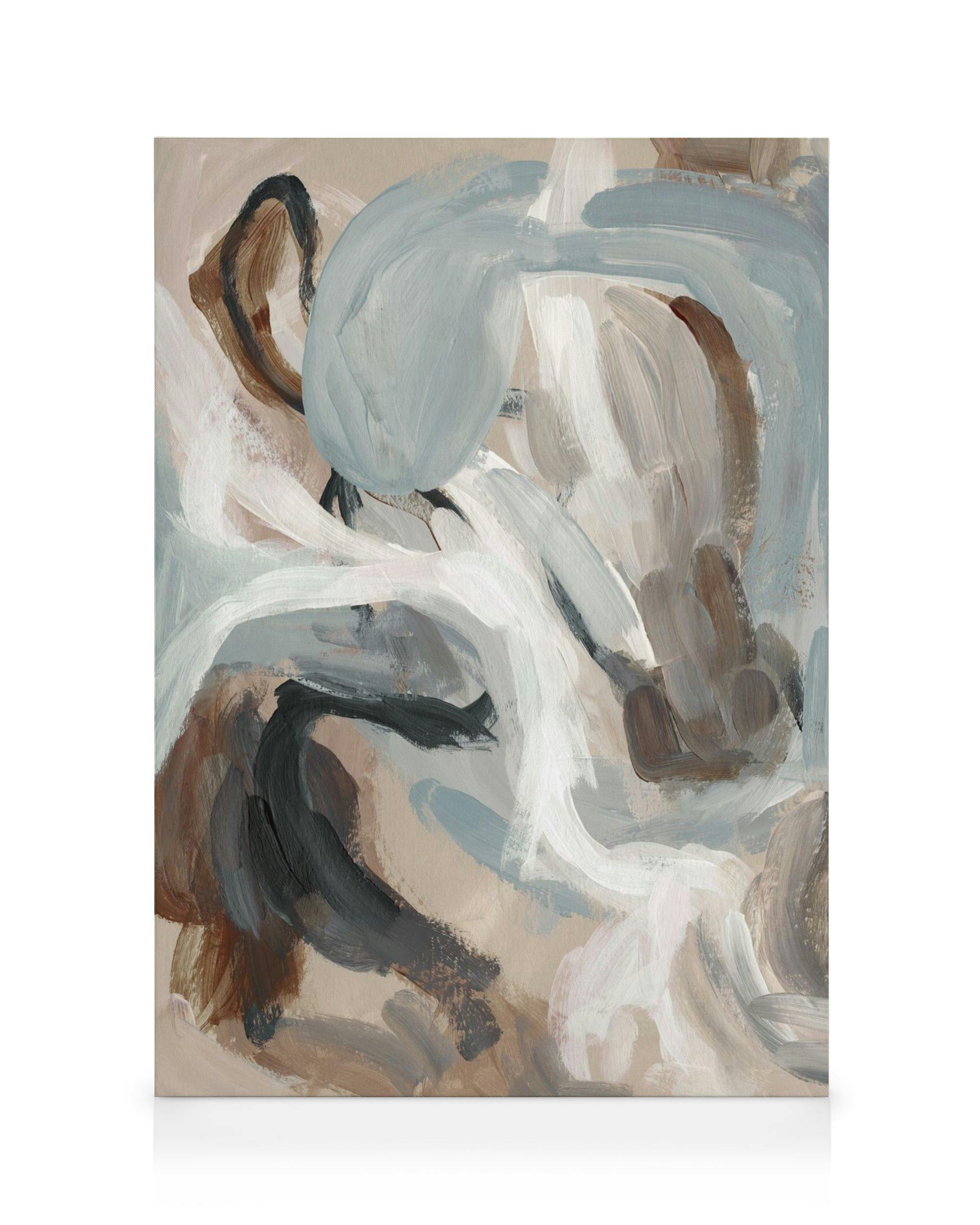 A canvas print featuring abstract brushstrokes in white, brown, beige, and light blue on a neutral background.