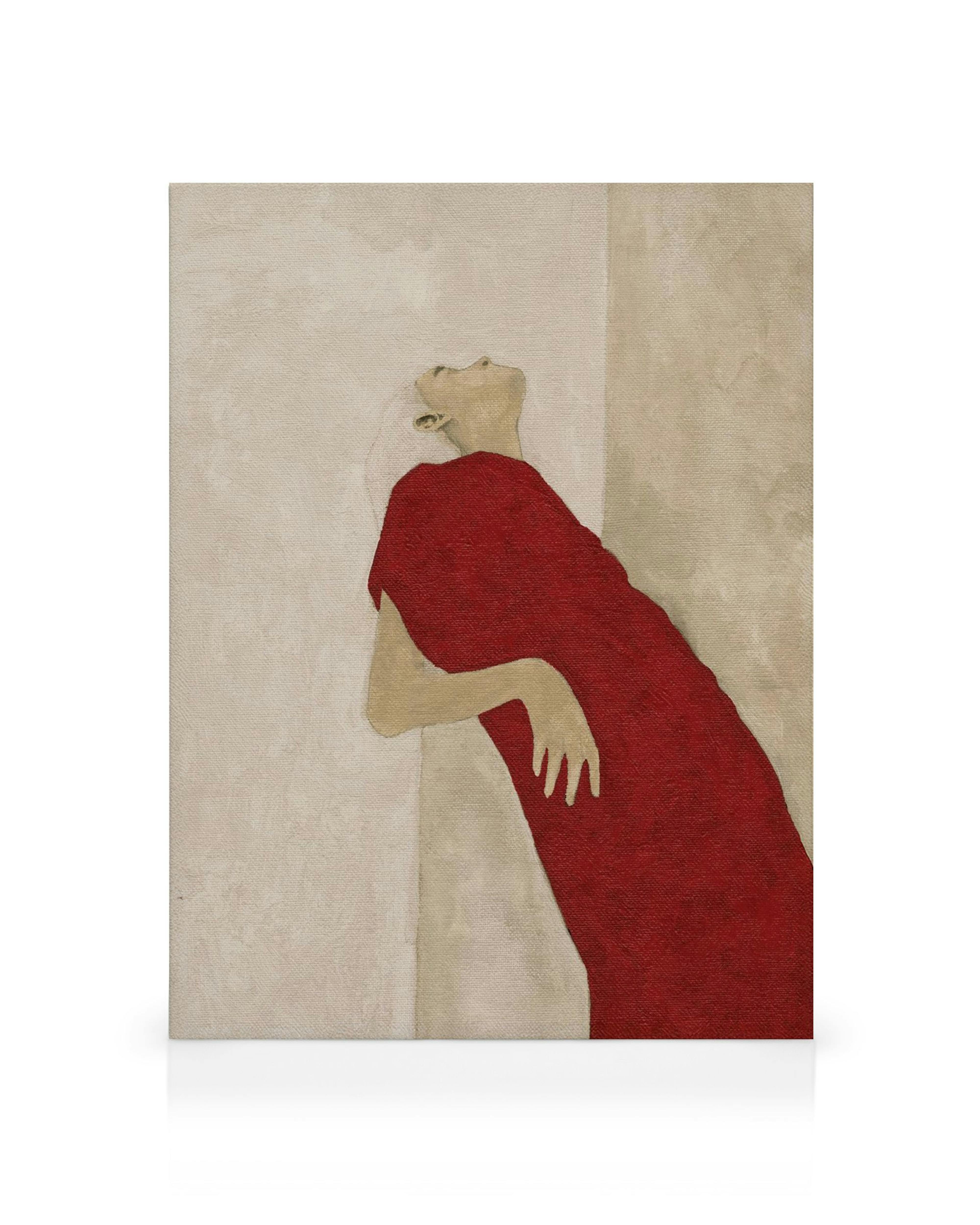 A canvas print of a figure in a flowing red dress, leaning against a neutral-toned wall, with their head tilted upwards.