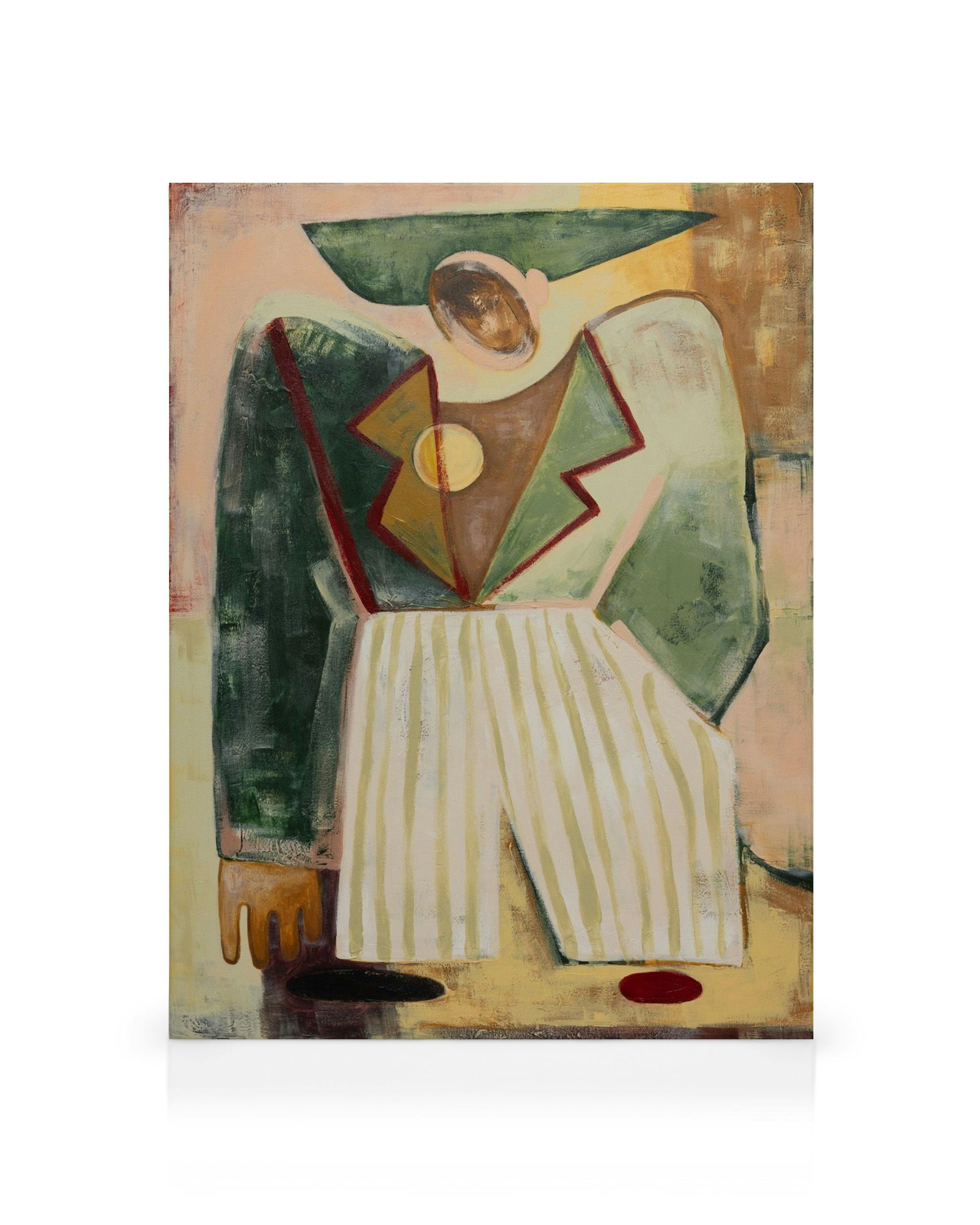 A canvas print featuring an abstract figure in a green jacket and striped pants with a yellow sun on its chest.