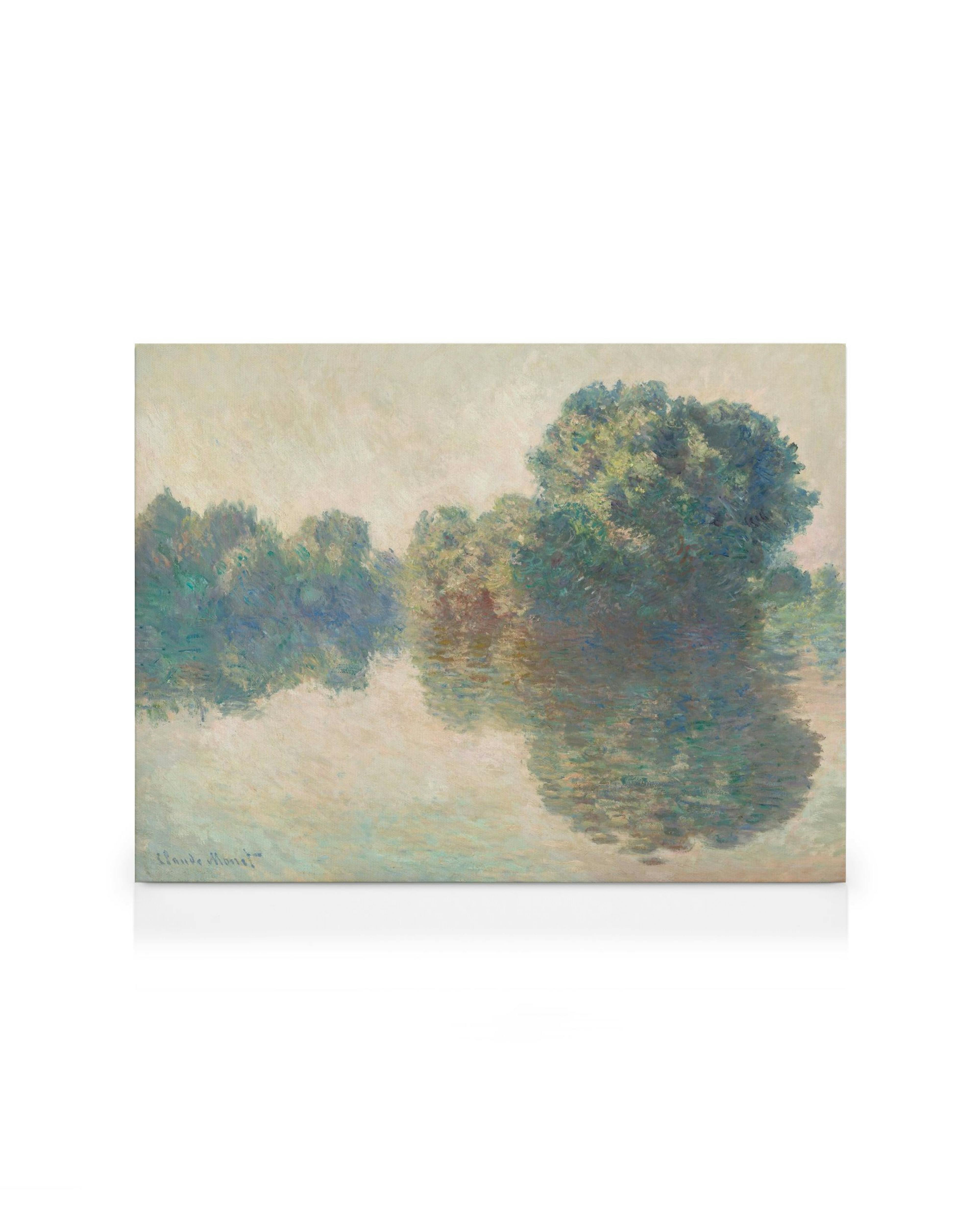 Monet: El Sena en Giverny, pintura impresionista de árboles reflejados en el agua con pinceladas suaves en azules, verdes y rosa