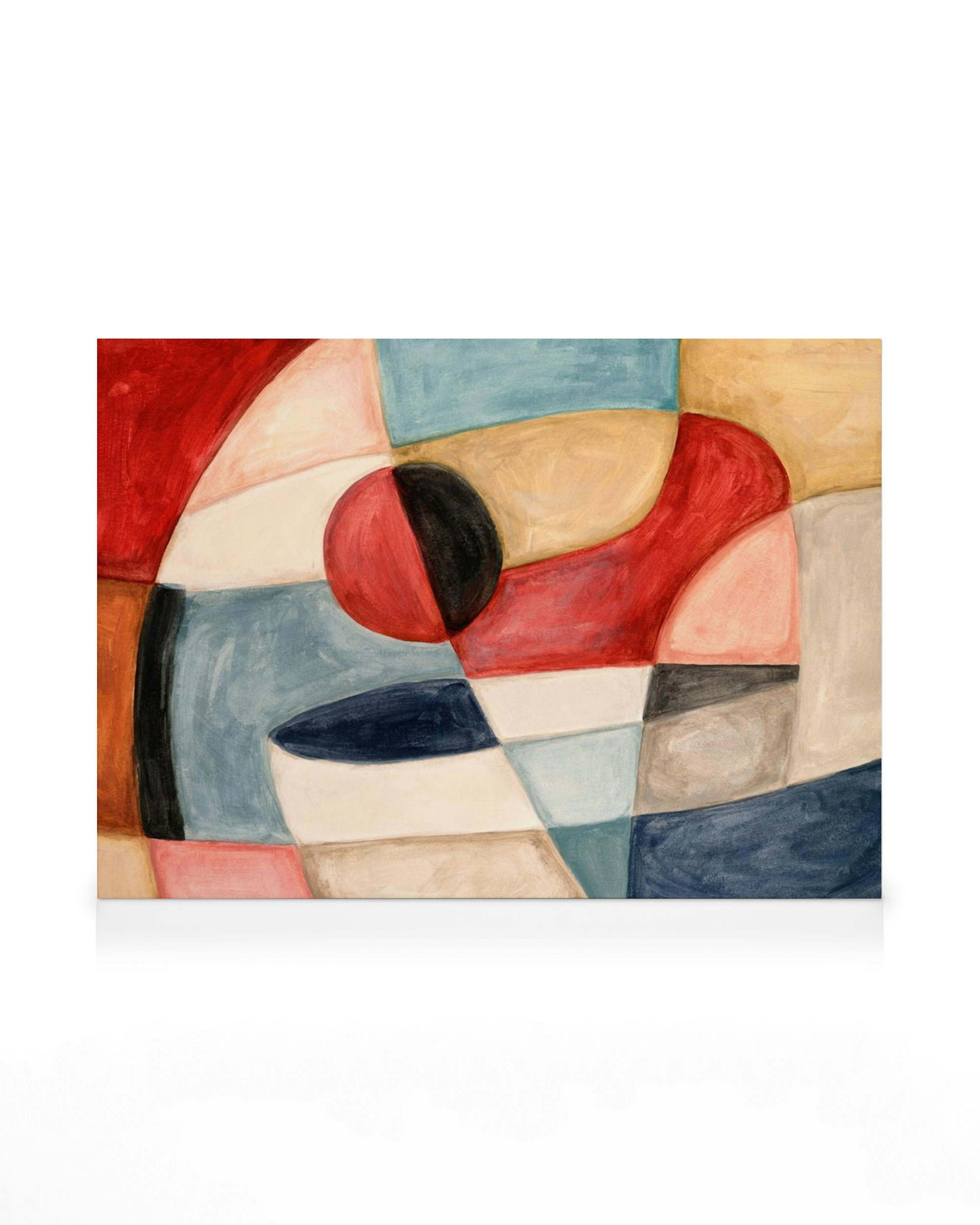 Cubism-inspired canvas art with red, blue, and neutral tones in block shapes and a central red and black sphere.