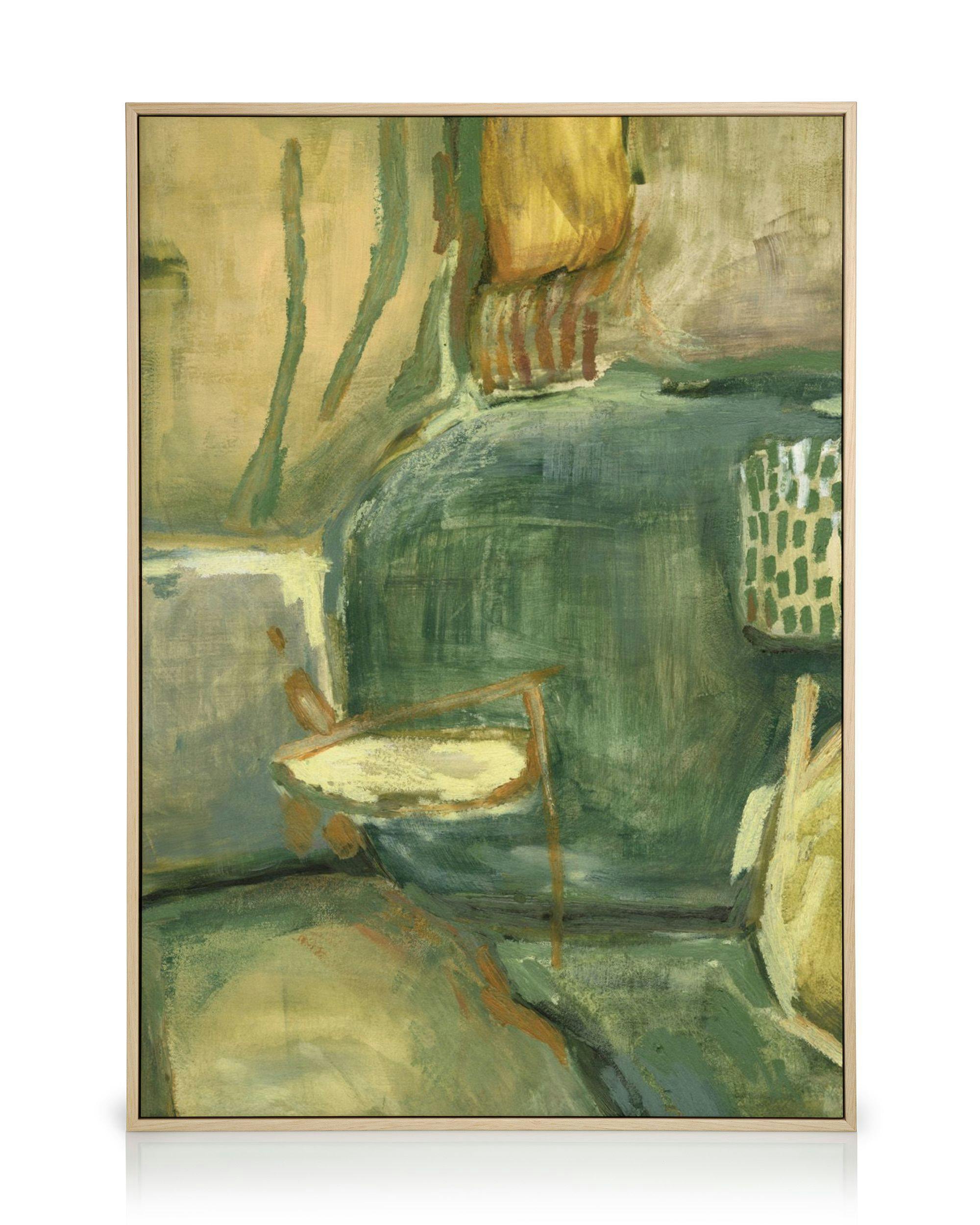 Leinwandbild: Abstrakte Komposition in Grün-, Beige- und Gelbtönen mit strukturierten Pinselstrichen.