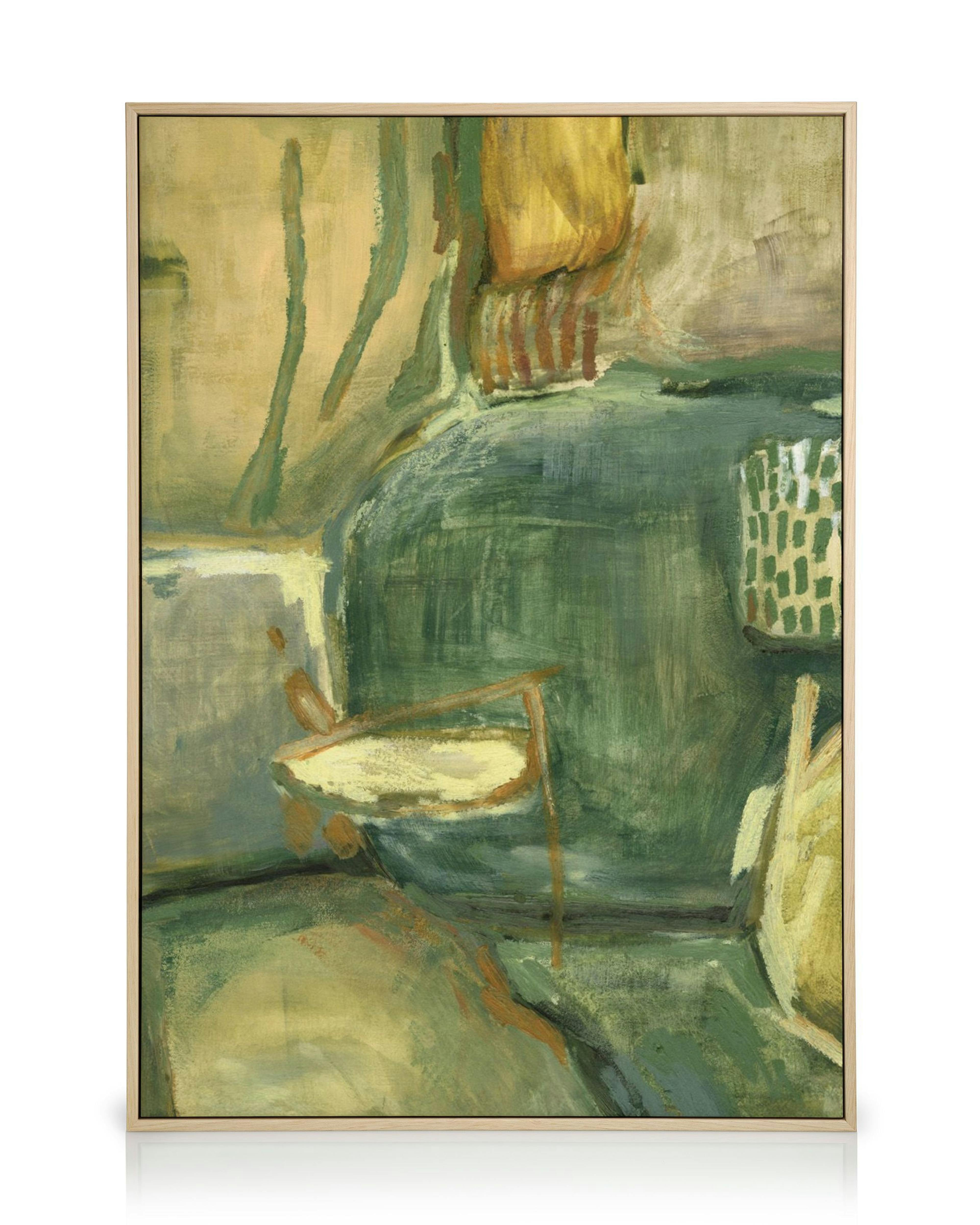 Lienzo de arte abstracto en tonos verdes, ocres y blanco, con formas orgánicas y pinceladas expresivas.