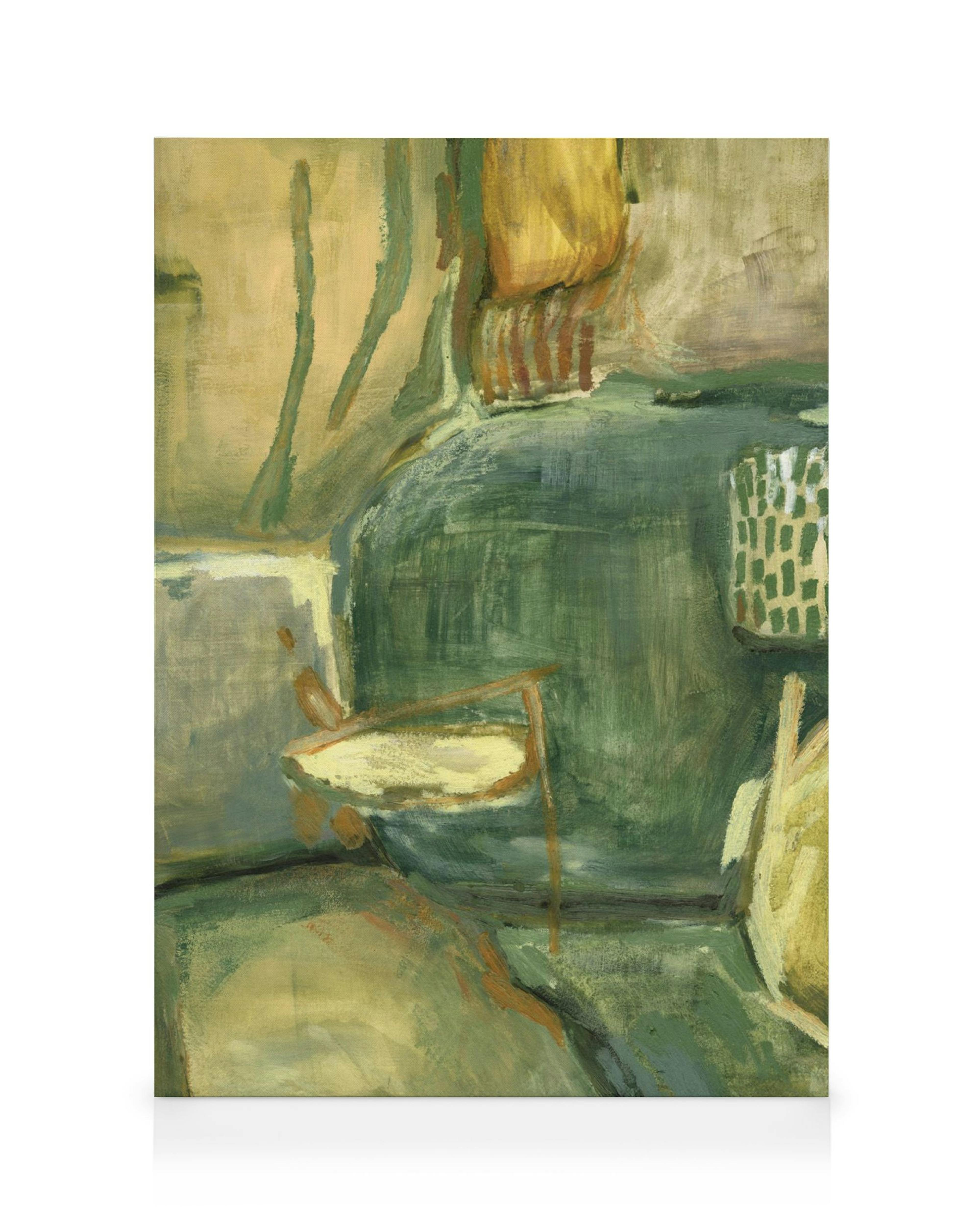 En canvastavla med abstrakt konst i gröna och beigea toner, med organiska former och penseldrag.