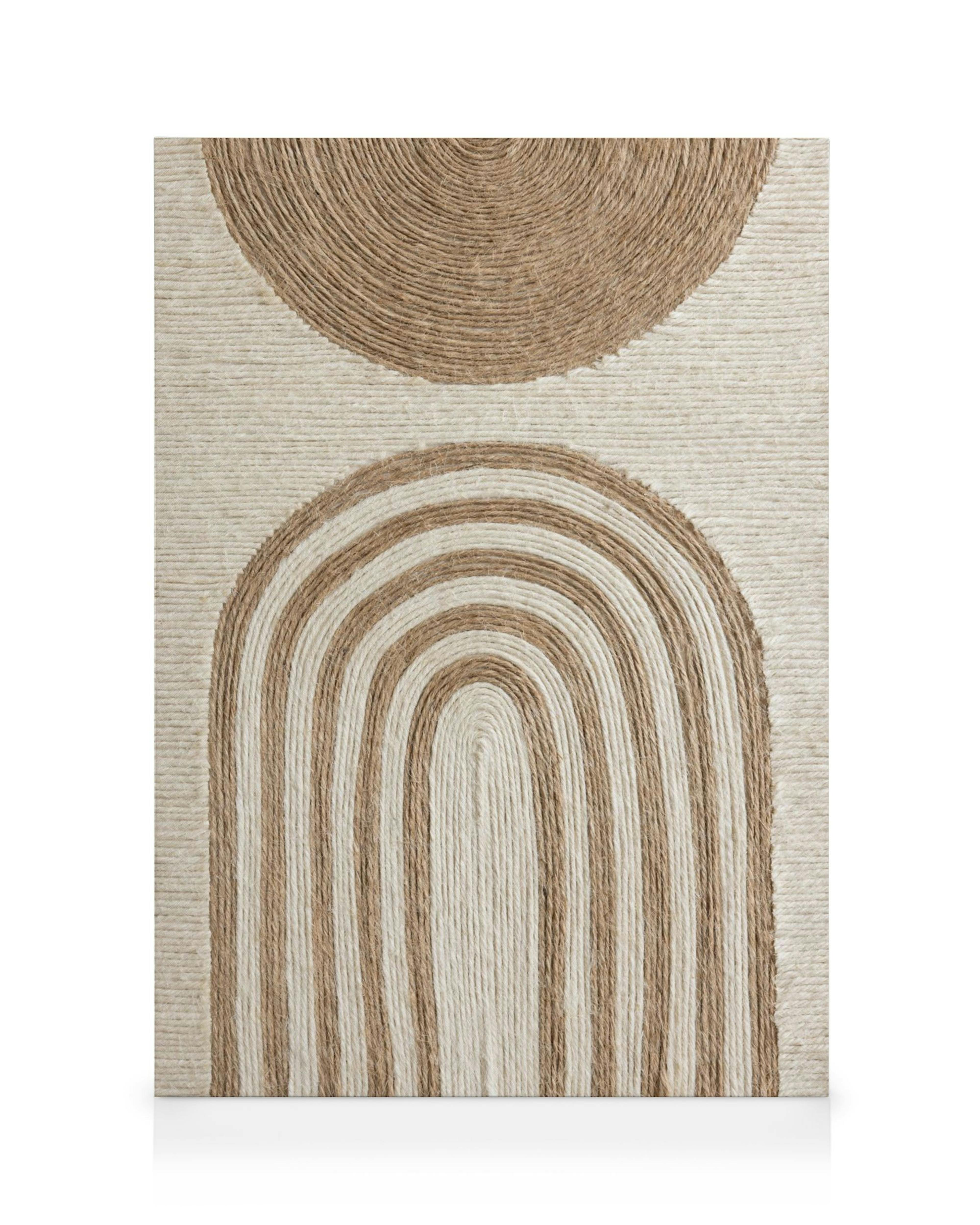 Crafted Arches canvas art with a woven texture, featuring natural and cream jute fibers forming concentric arches and a partial 