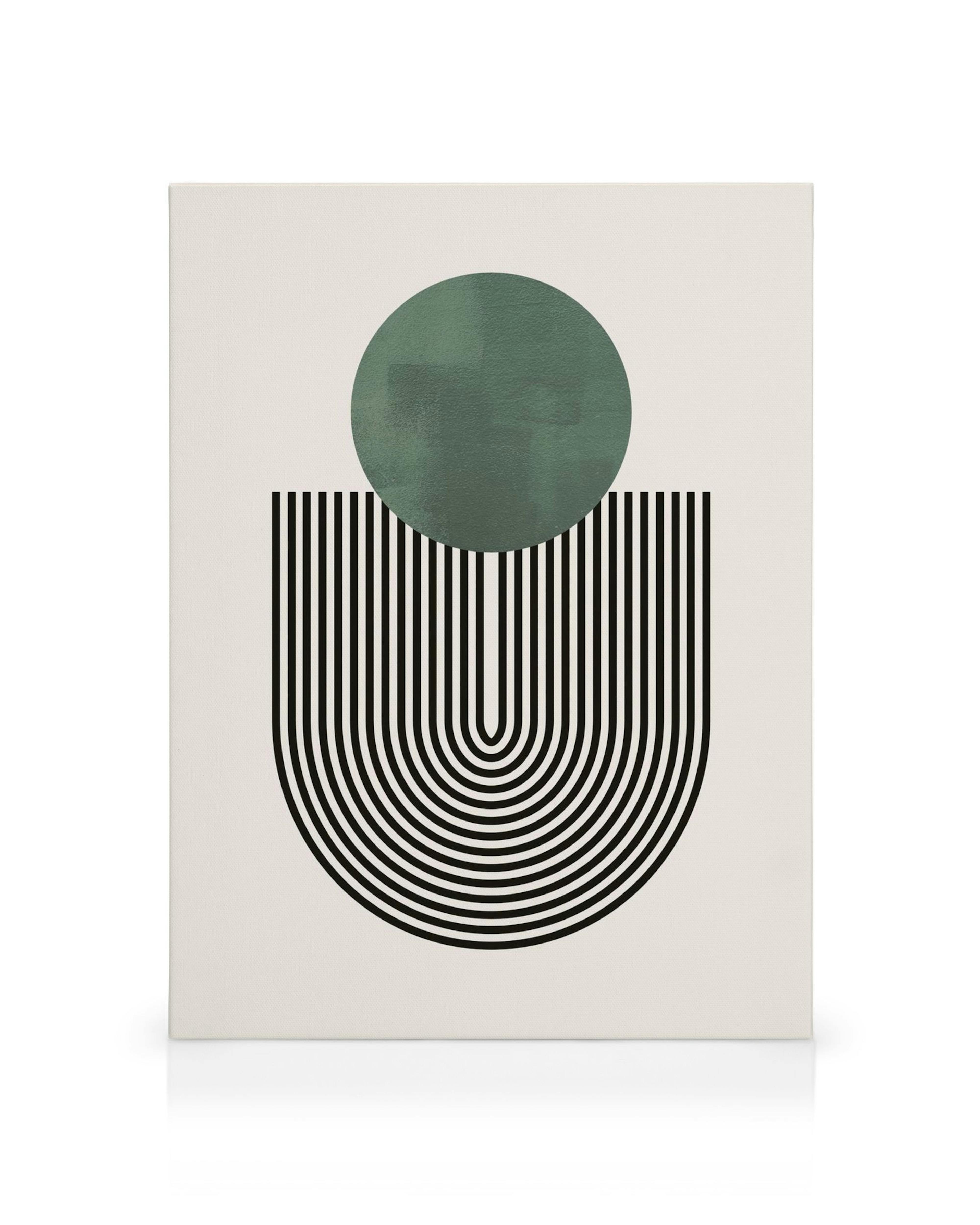 Stampa su tela con cerchio verde astratto su linee verticali e curve nere, sfondo grigio chiaro.