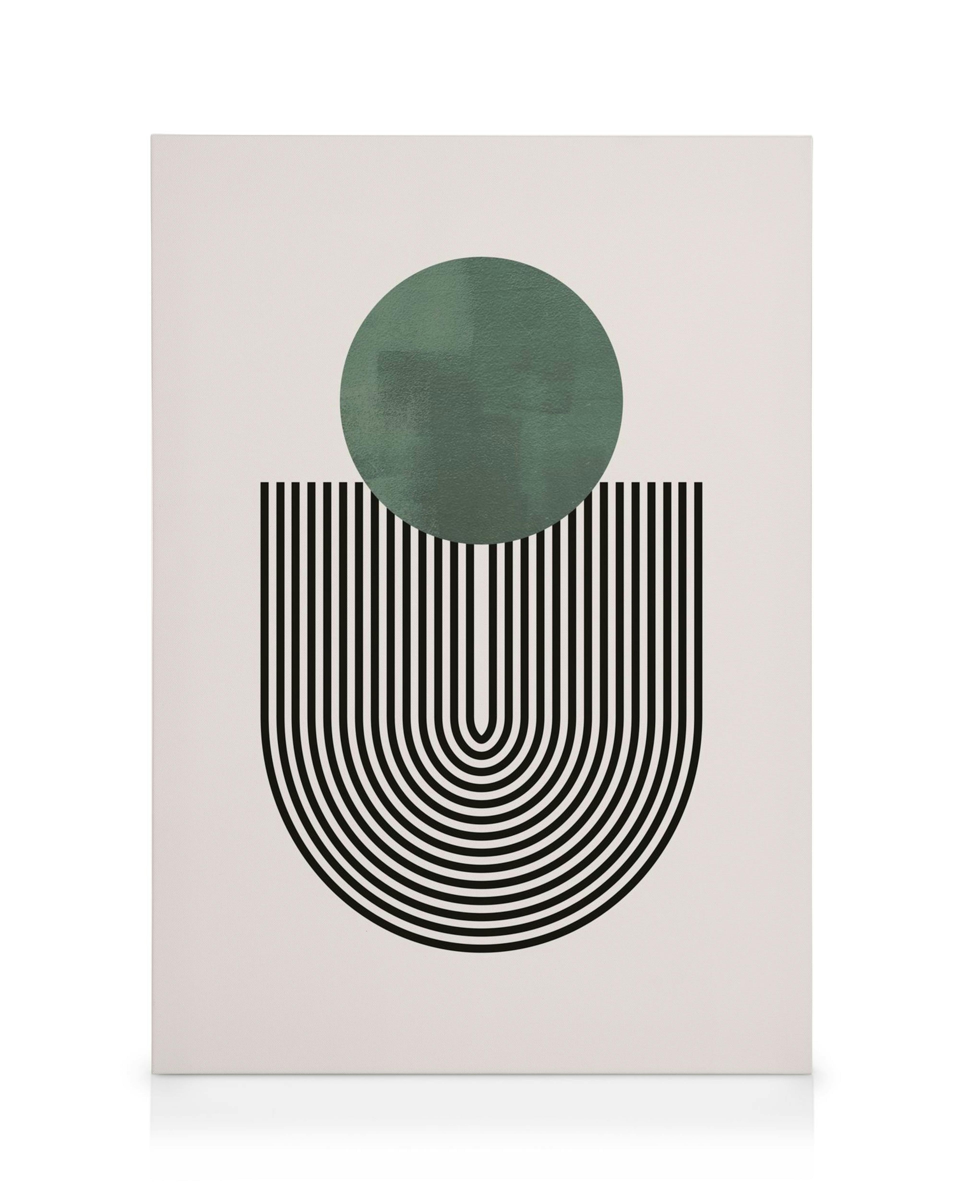 Leinwandbild mit einem grünen Kreis über geschwungenen schwarzen vertikalen Linien auf einem hellgrauen Hintergrund, 3D-Effekt
