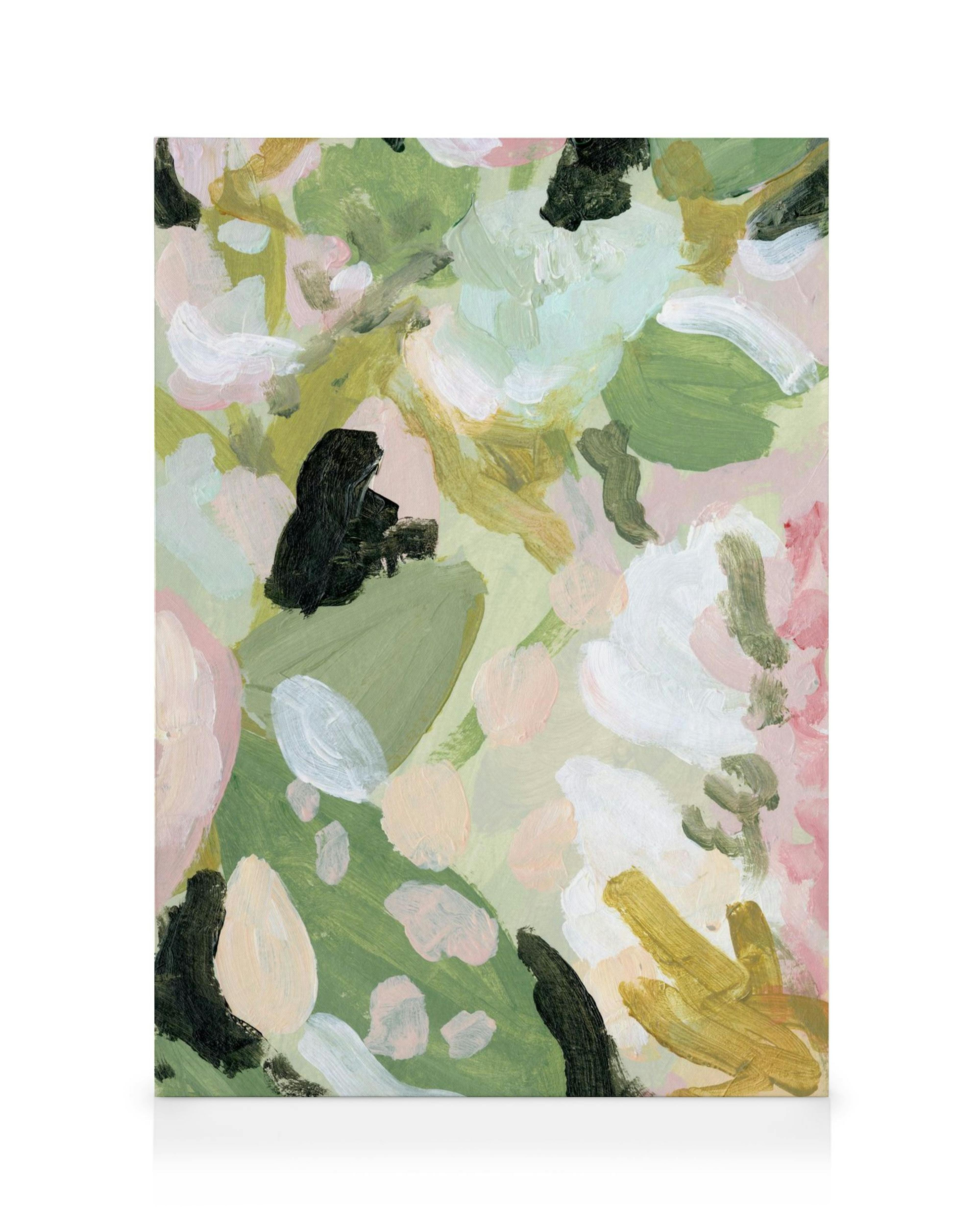La Botanique Art No1 canvas print, a vibrant botanical abstract with bold brushstrokes in green, pink, white, and gold.