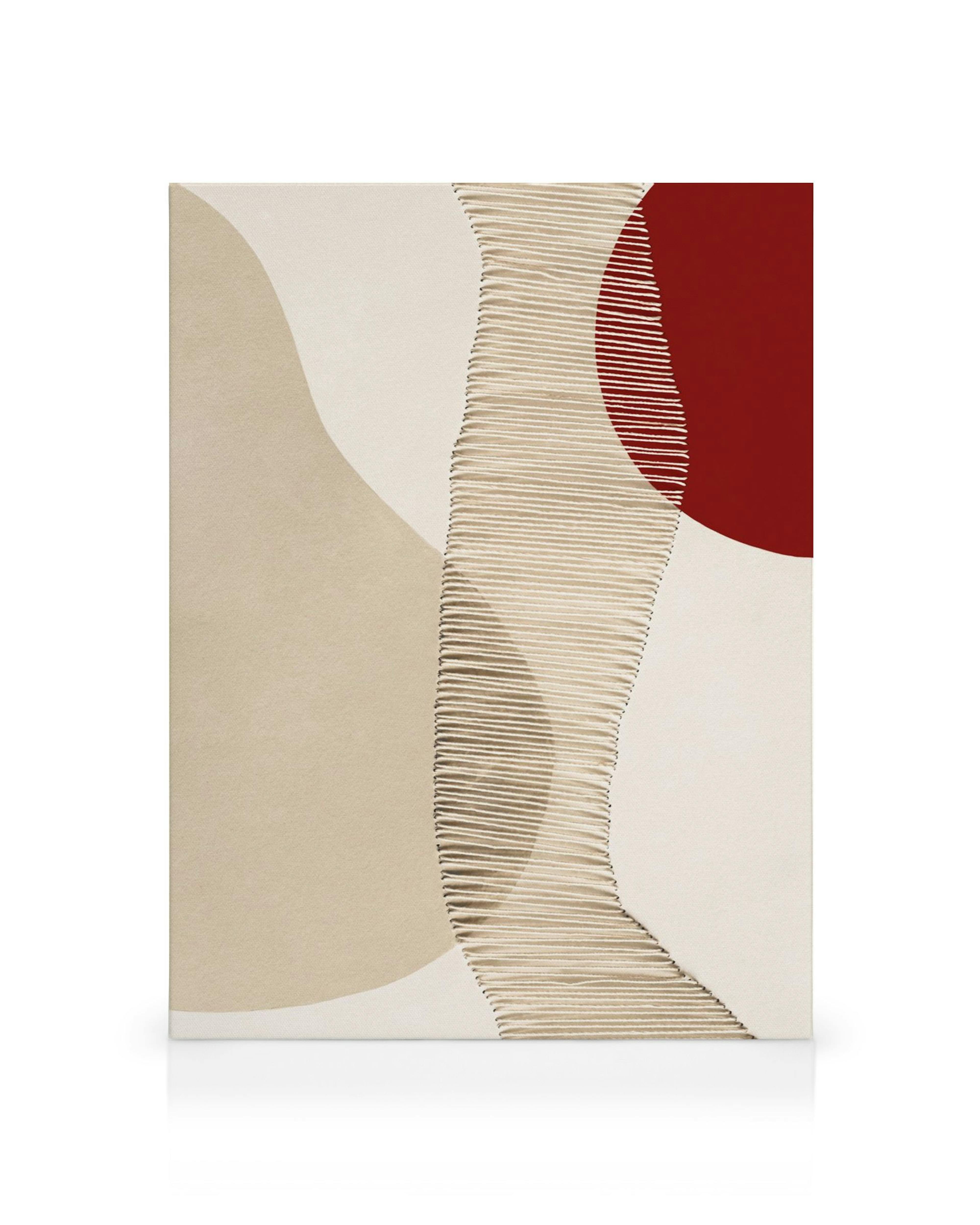 Abstract canvas print with a vertical beige textured element, a red circle, and flowing beige shapes.