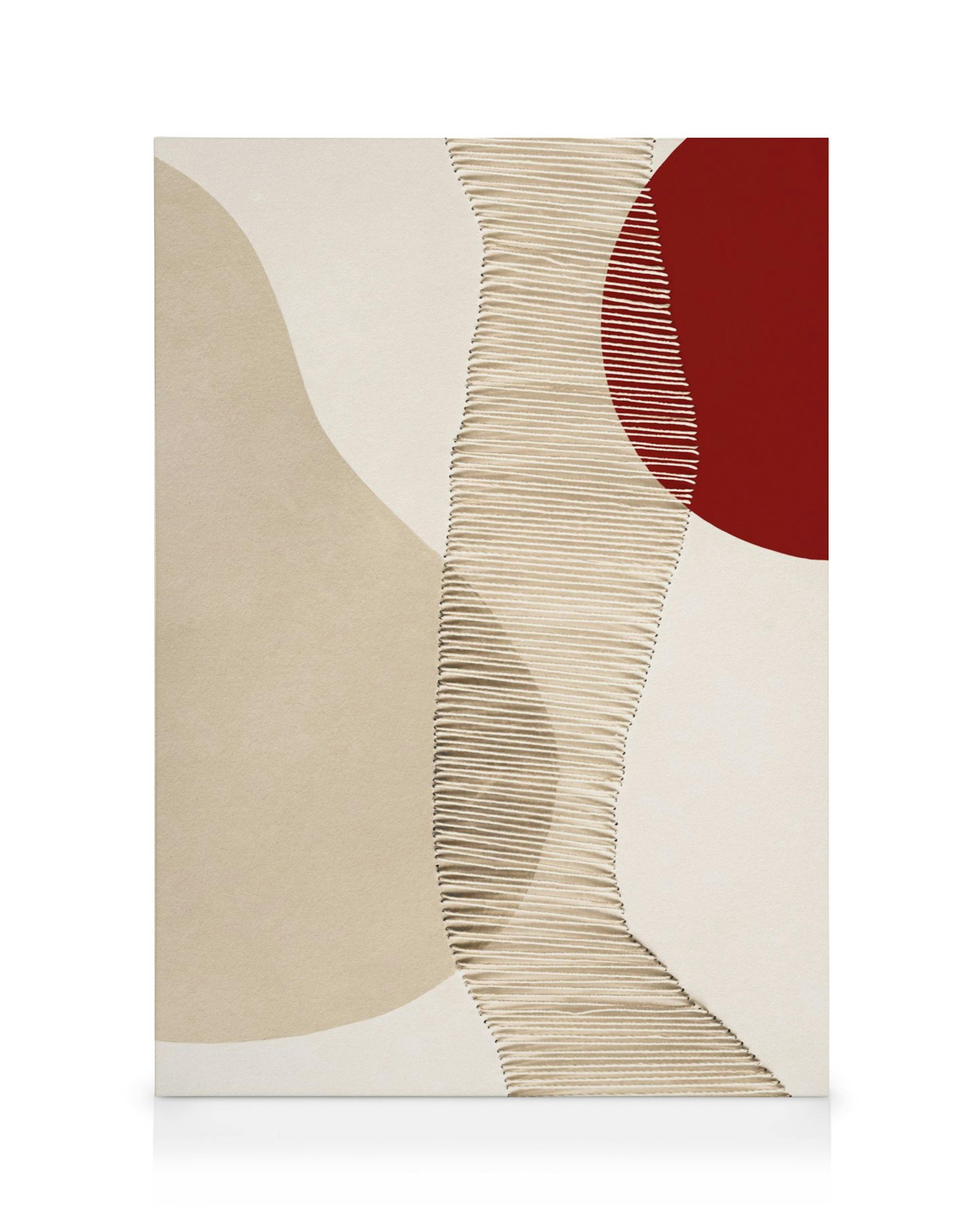 Red and beige canvas print featuring organic shapes, a textured vertical strip, and a deep red circle for a subtle visual impact