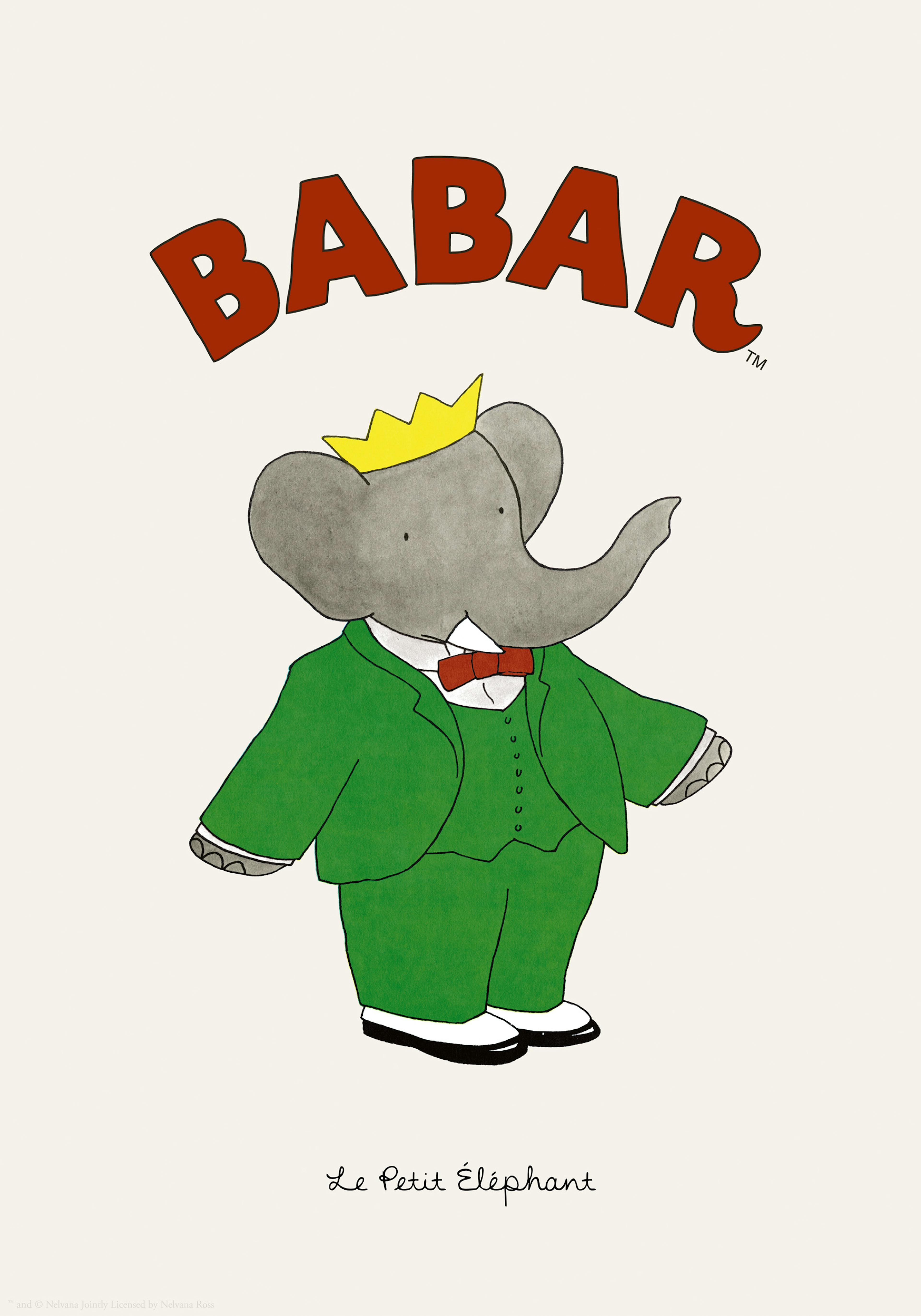 Babar de olifant in groen pak met rode vlinderdas en gouden kroon op beige achtergrond als kinderposter.