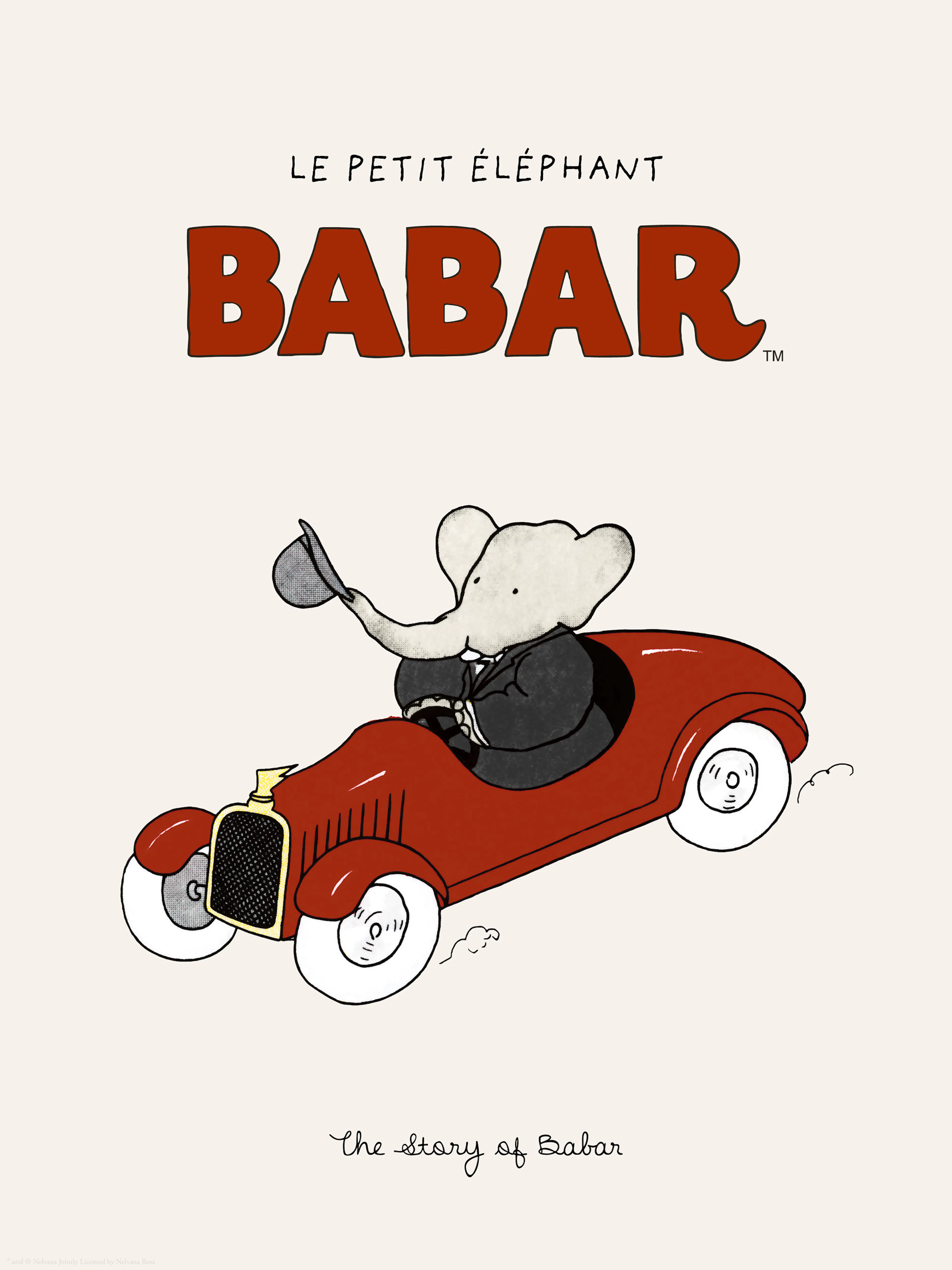 Poster Babar, lelefante in frac nero guida unauto sportiva rossa. Illustrazione per bambini, stile classico.